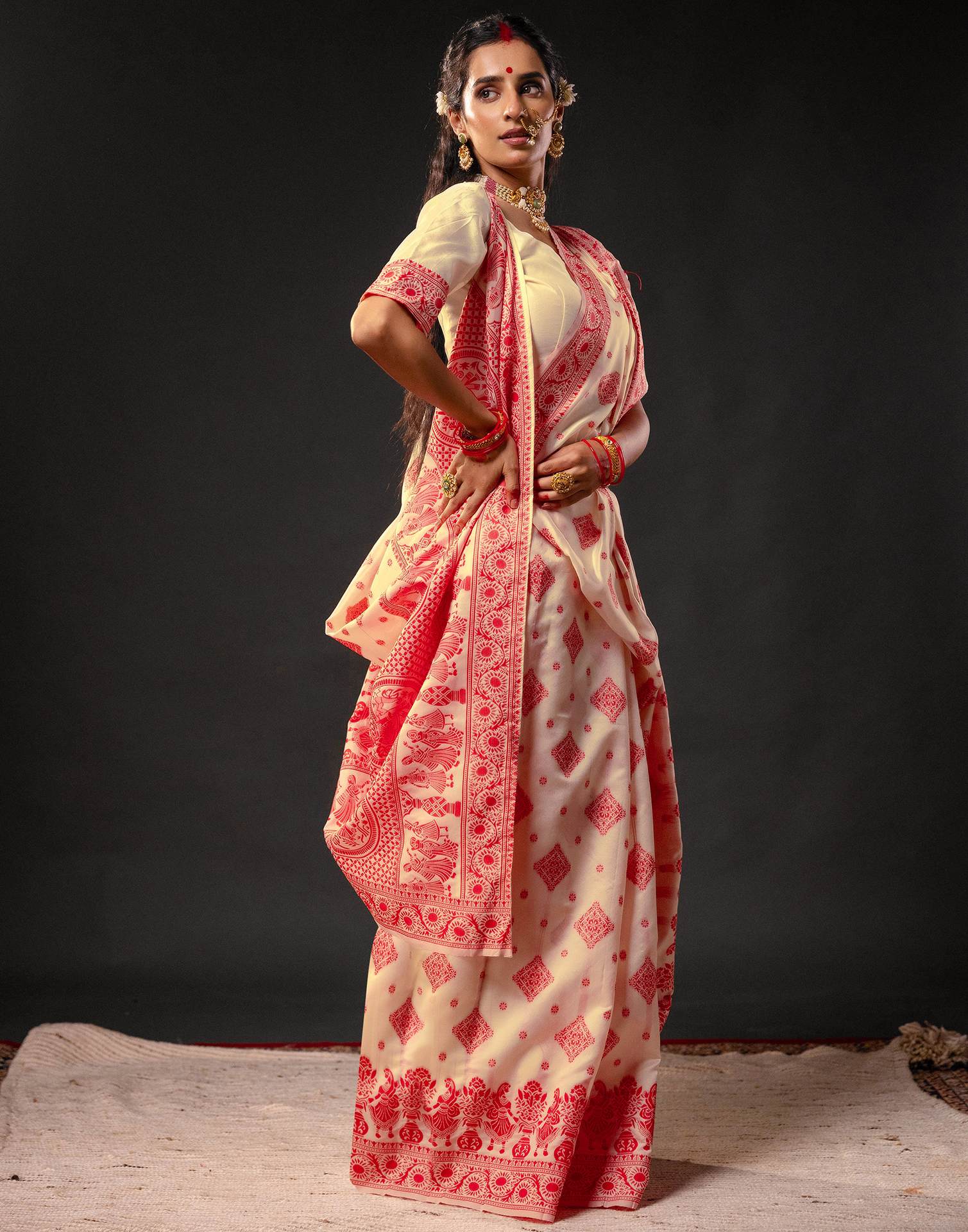 Cream Silk Woven Durga Puja Saree