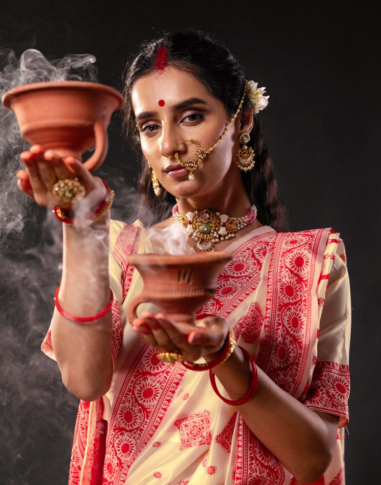 Cream Silk Woven Durga Puja Saree