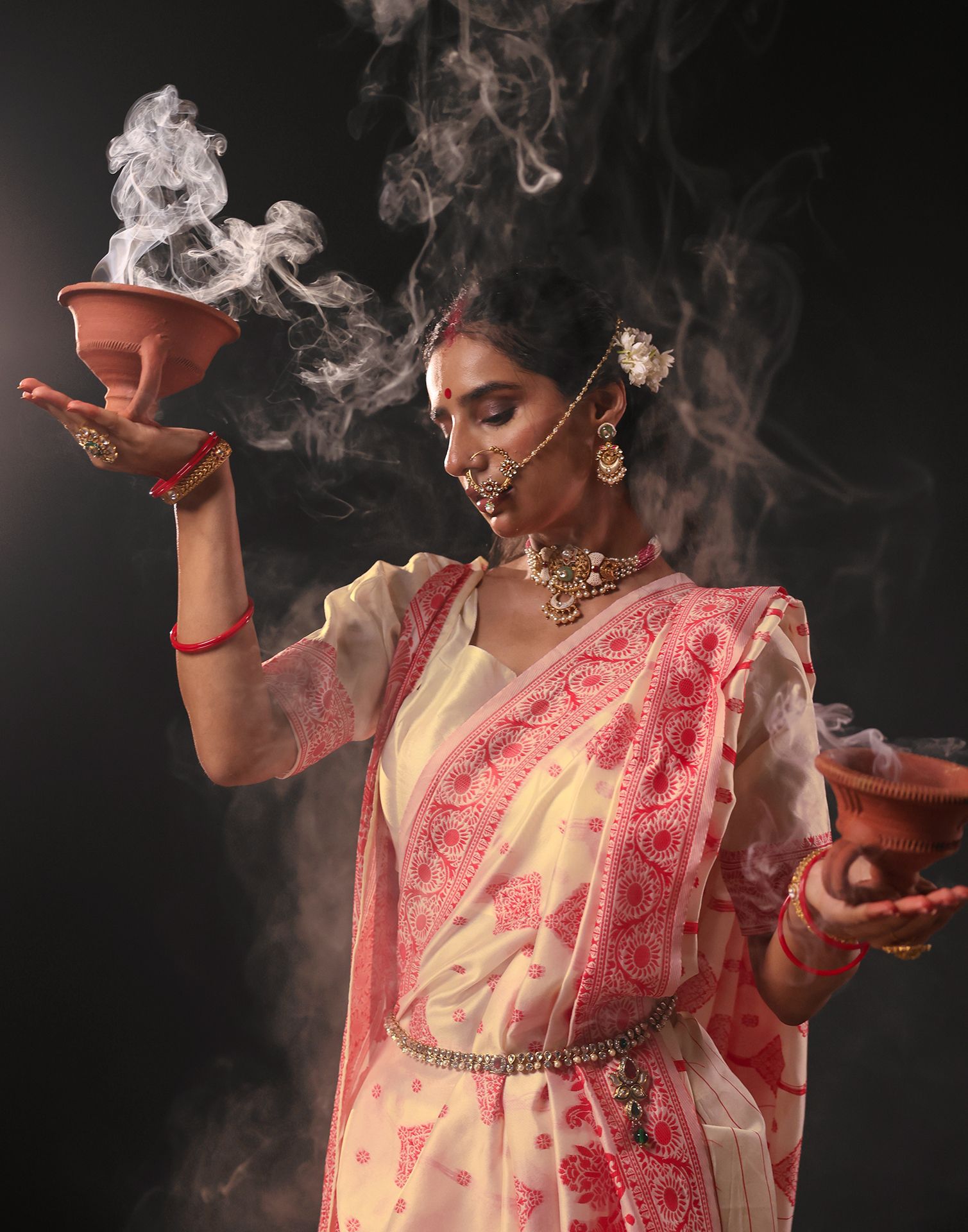 Cream Silk Woven Durga Puja Saree