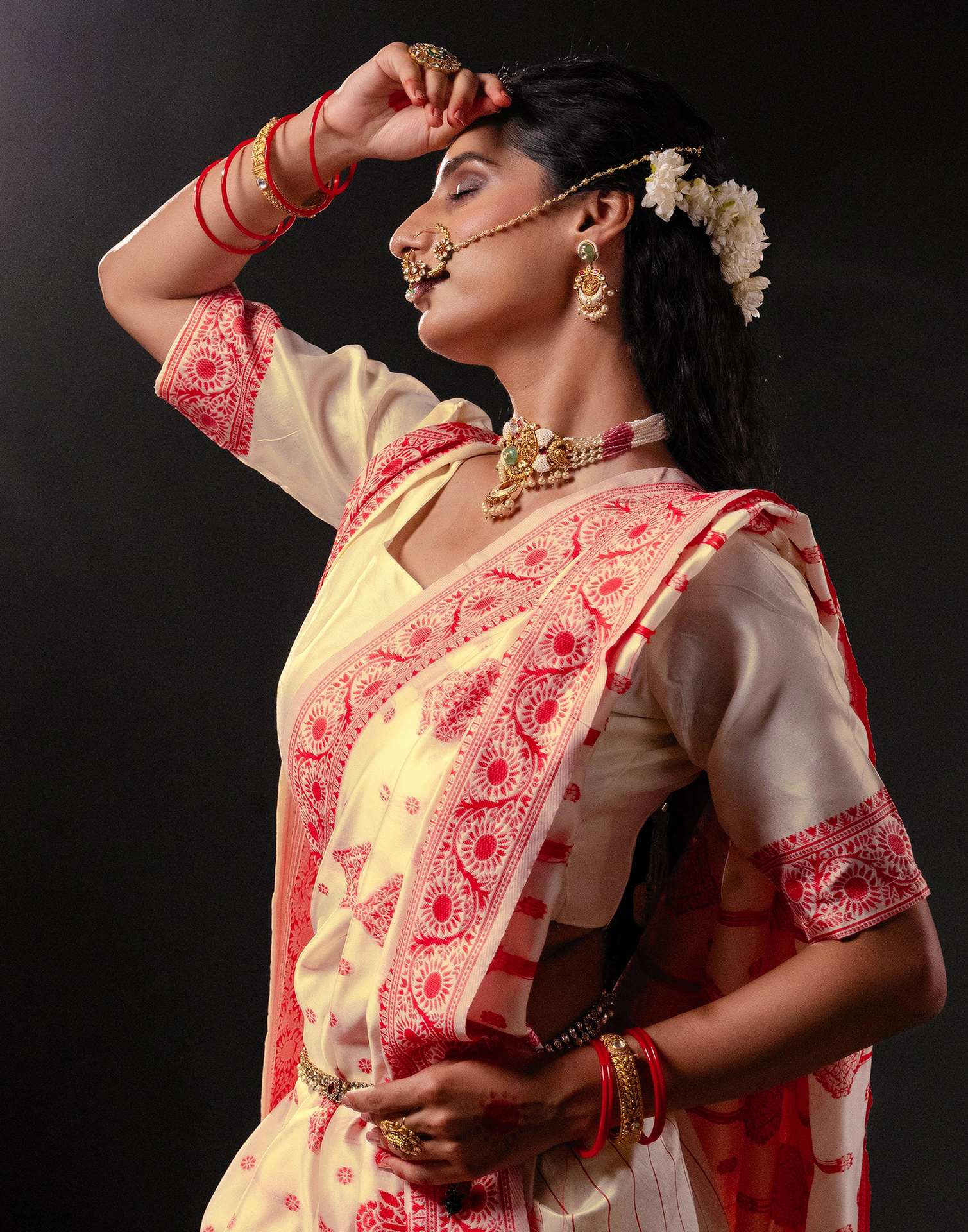 Cream Silk Woven Durga Puja Saree