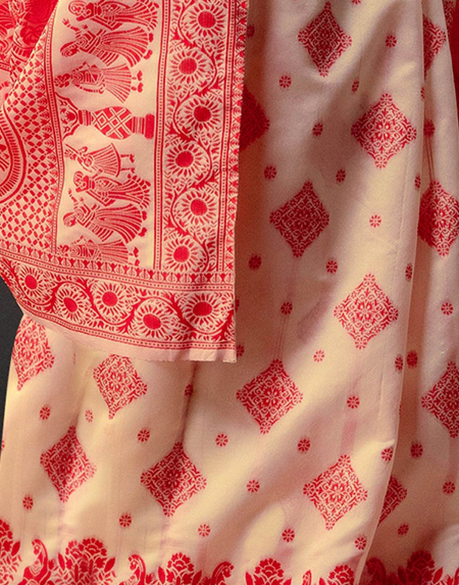 Cream Silk Woven Durga Puja Saree