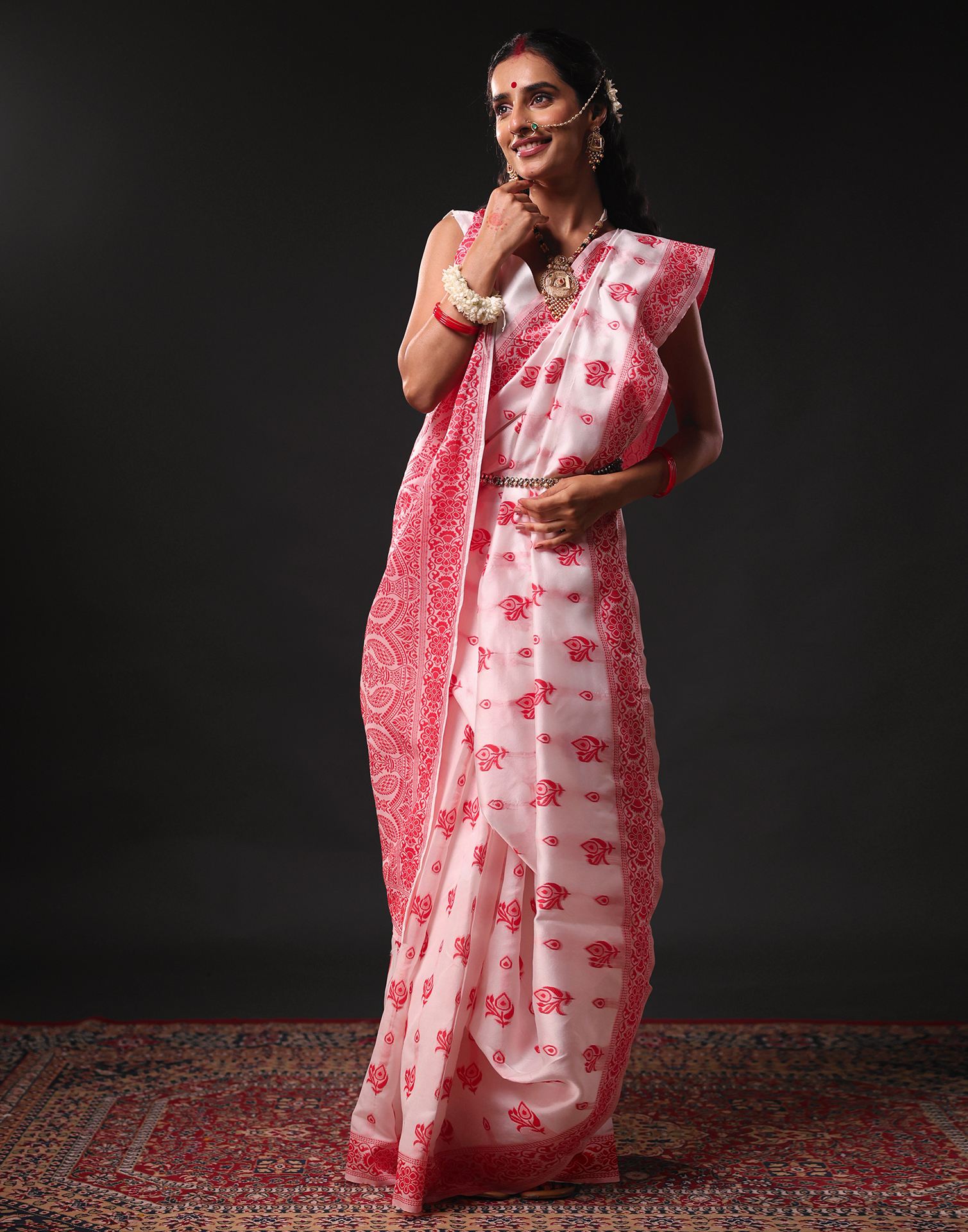 White Silk Woven Durga Puja Saree