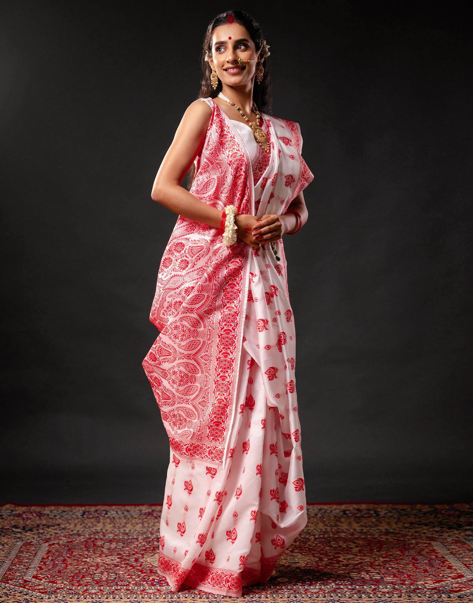 White Silk Woven Durga Puja Saree