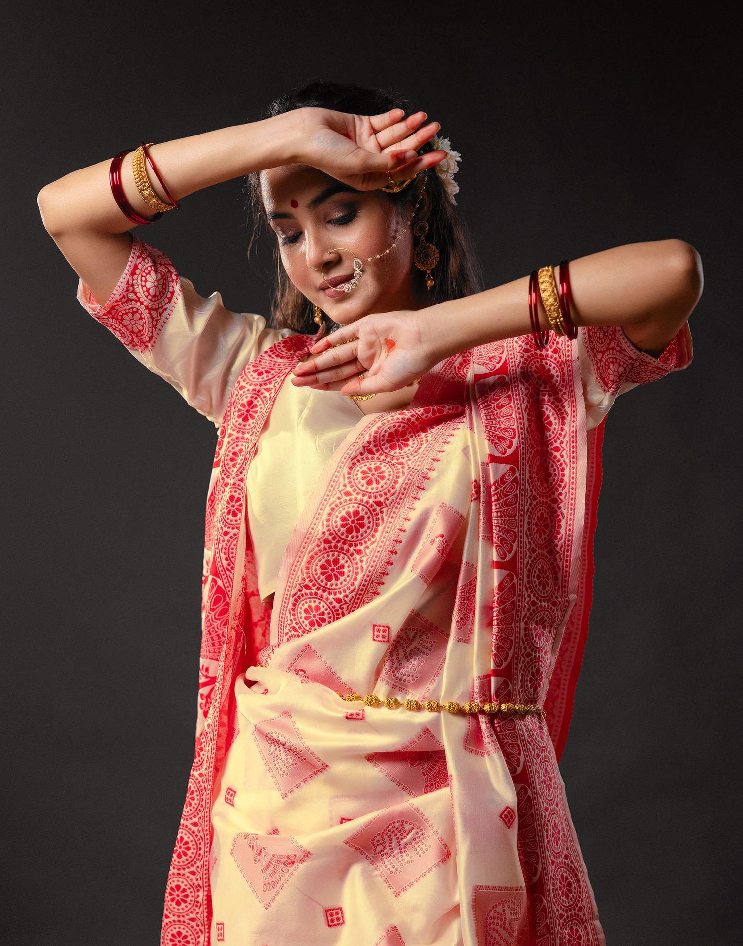 Cream Silk Woven Durga Puja Saree