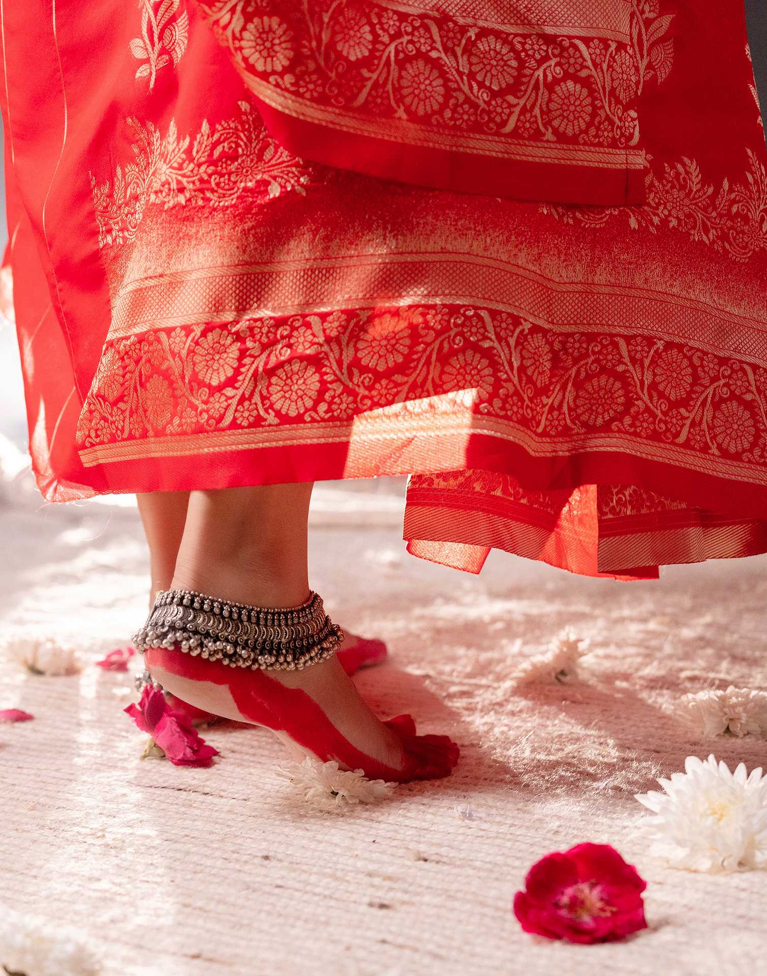 Red Silk Woven Banarasi Durga Puja Saree
