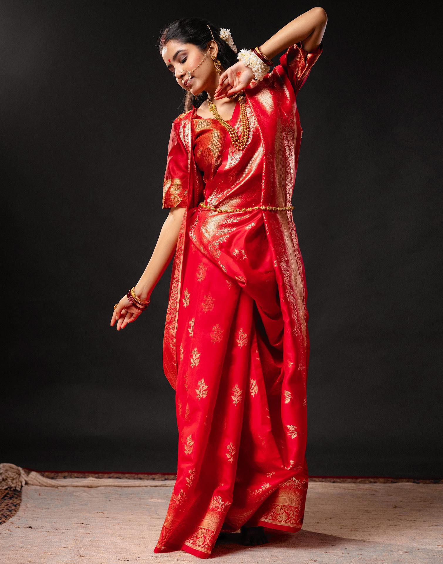 Red Silk Woven Banarasi Durga Puja Saree