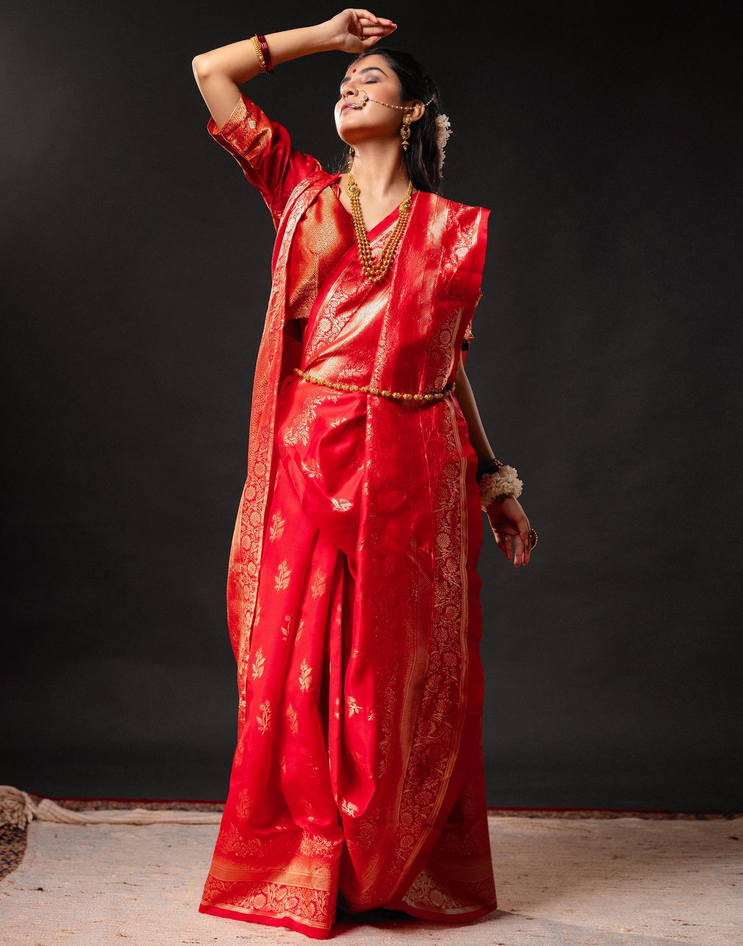 Red Silk Woven Banarasi Durga Puja Saree