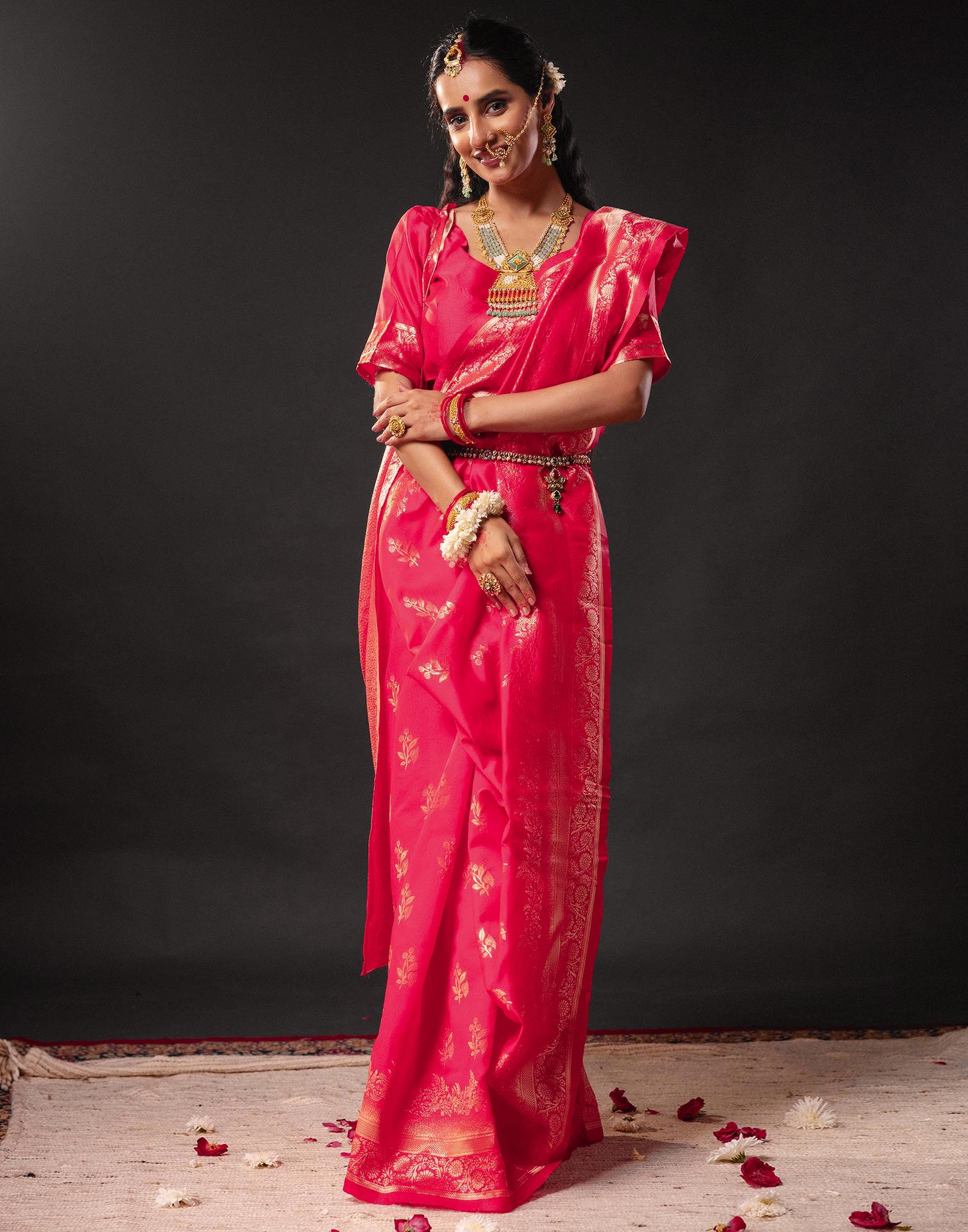 Rani Pink Silk Woven Banarasi Durga Puja Saree