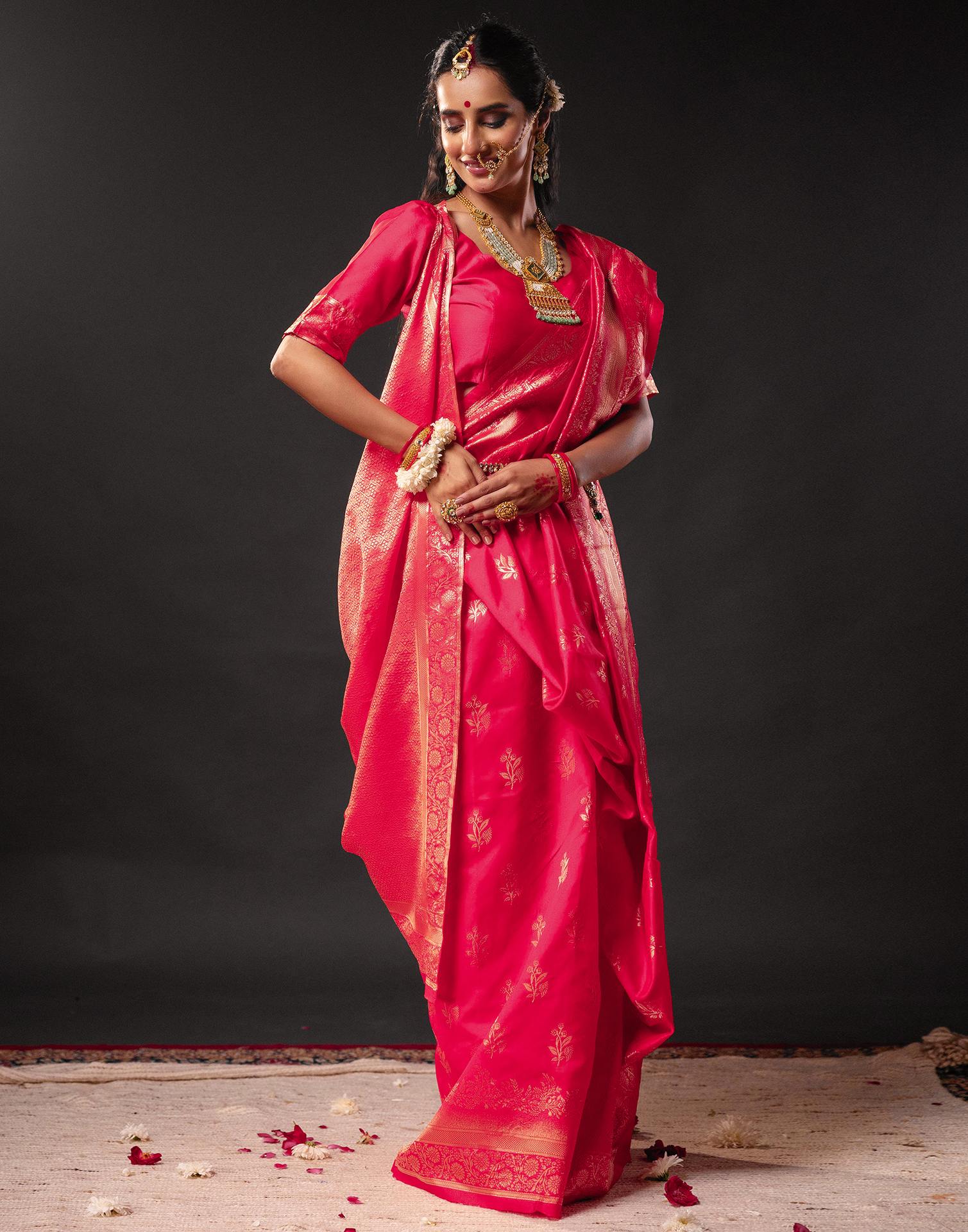 Rani Pink Silk Woven Banarasi Durga Puja Saree