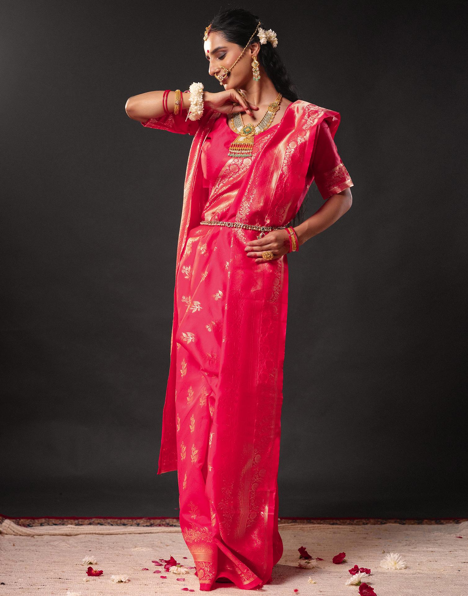 Rani Pink Silk Woven Banarasi Durga Puja Saree