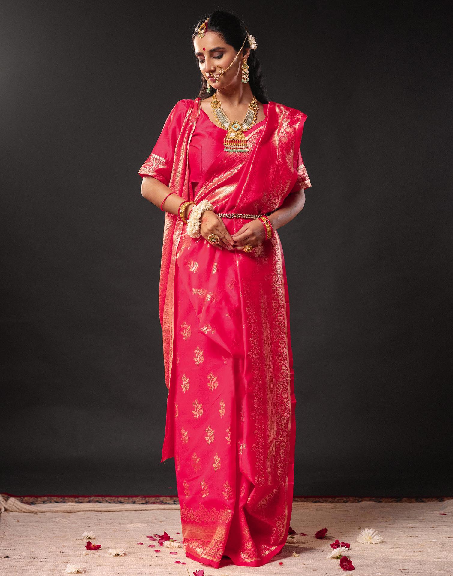 Rani Pink Silk Woven Banarasi Durga Puja Saree