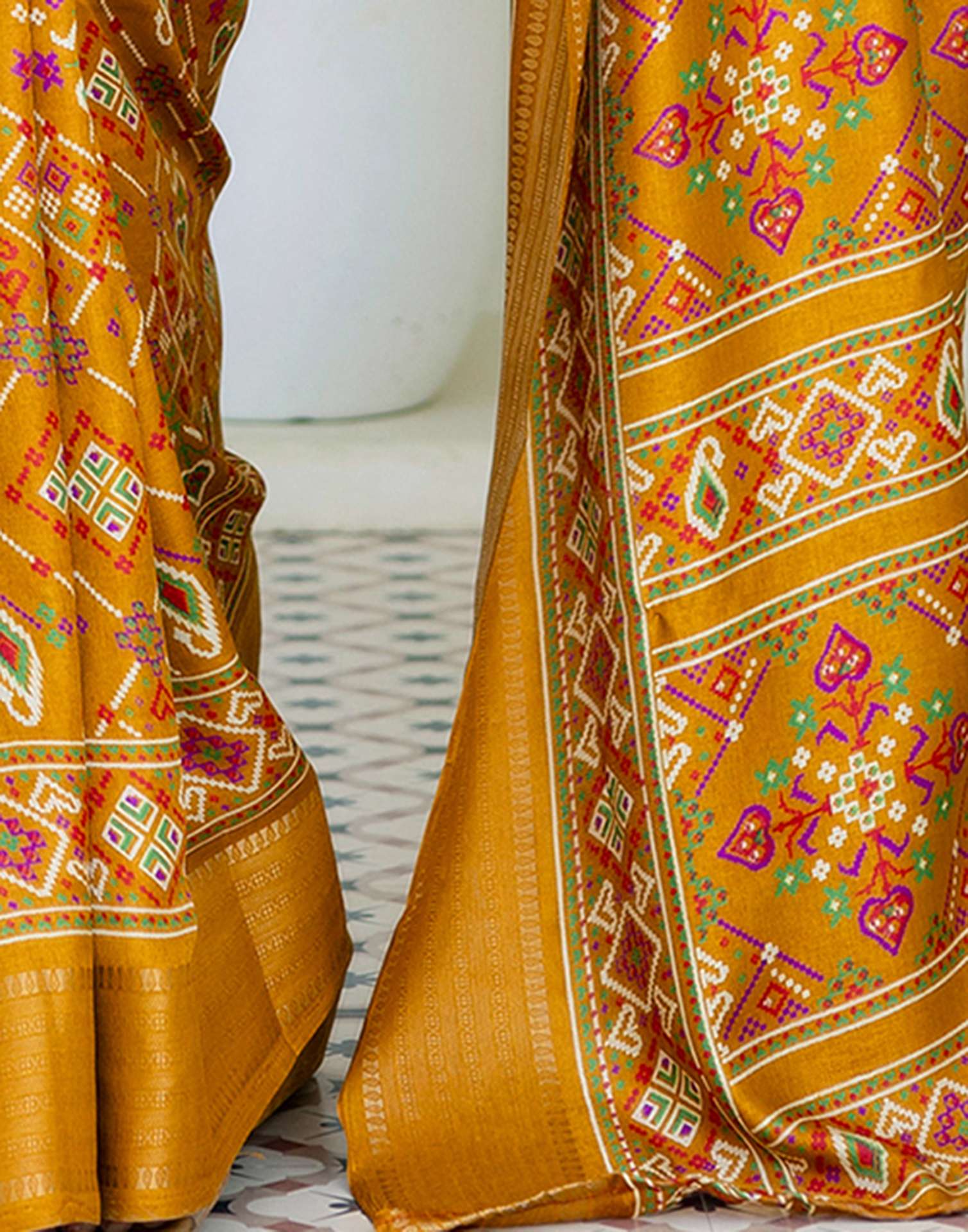 Mustard Yellow Silk Printed Patola Saree