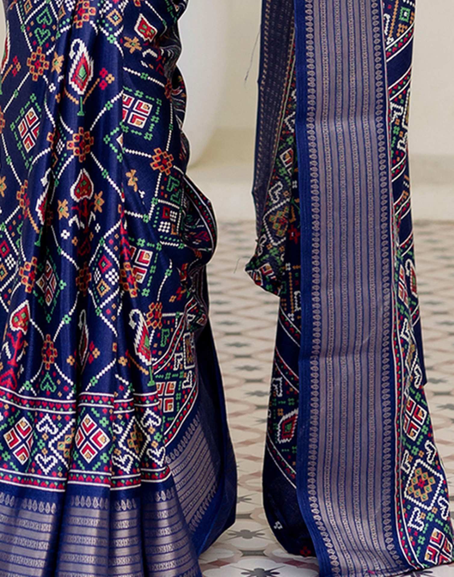 Navy Blue Silk Printed Patola Saree