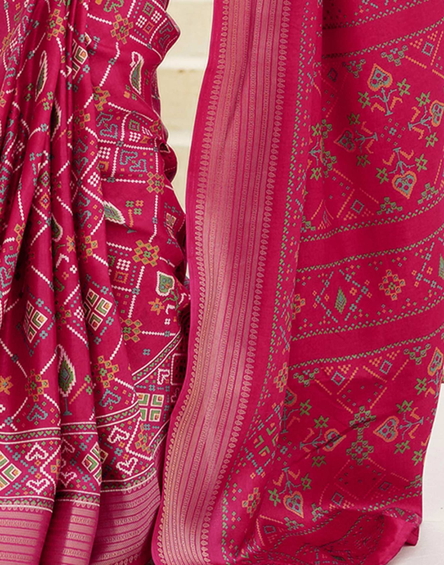 Rani Pink Silk Printed Patola Saree