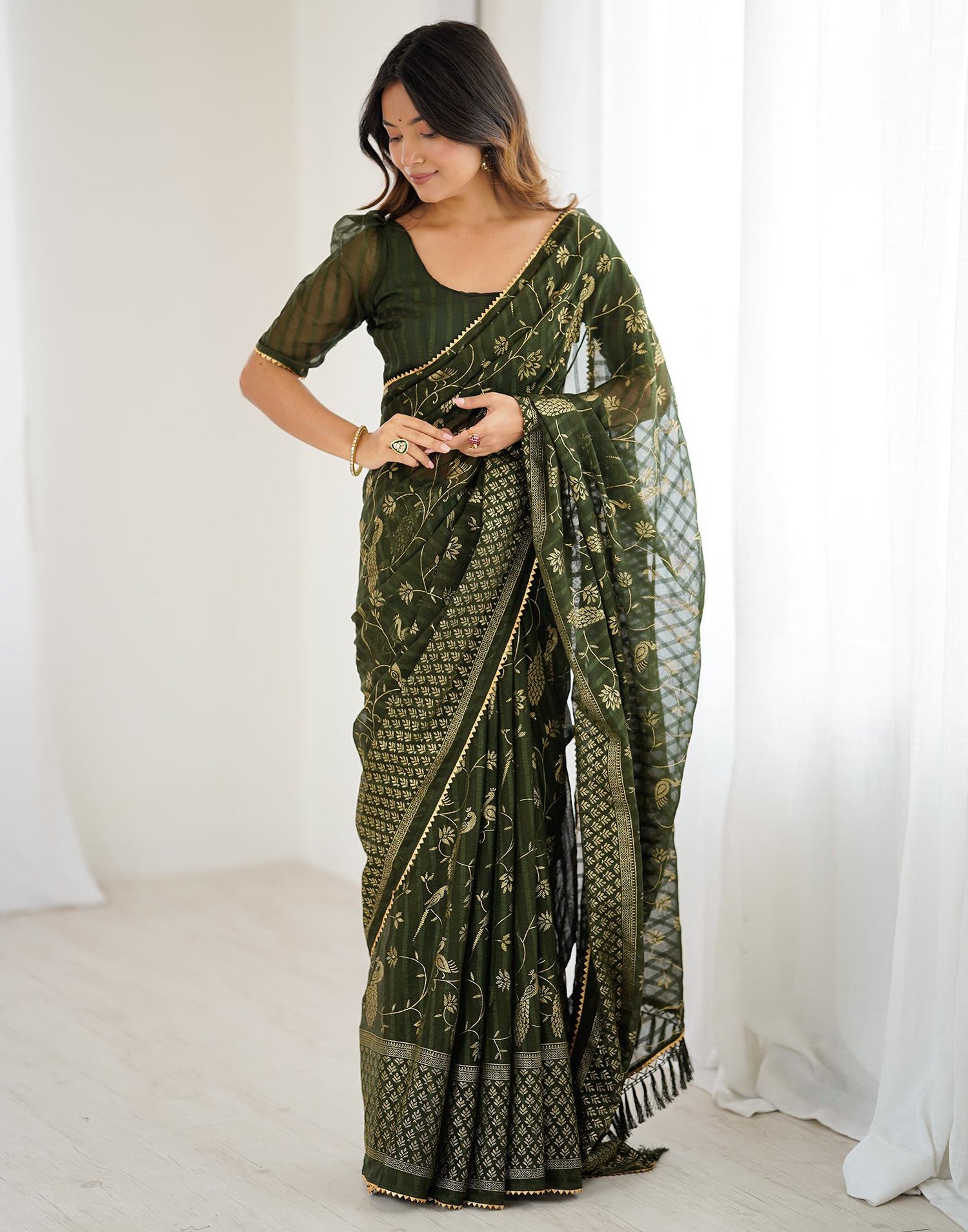 Mehndi Green Georgette Foil Printed Saree