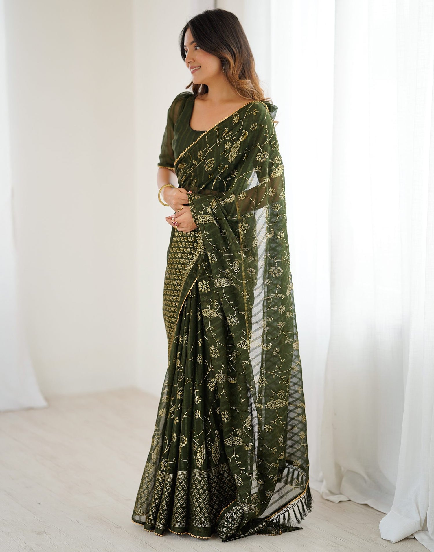 Mehndi Green Georgette Foil Printed Saree