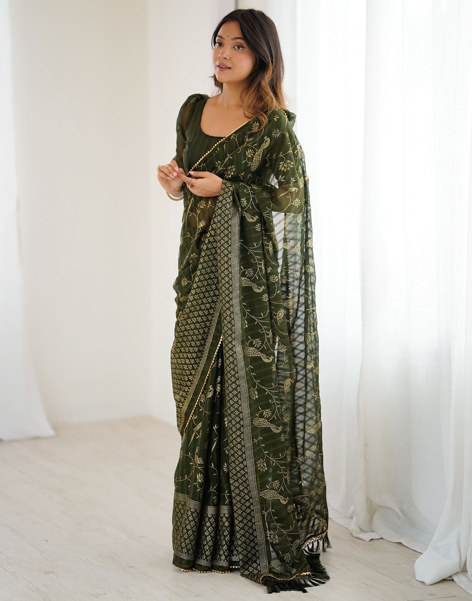 Mehndi Green Georgette Foil Printed Saree