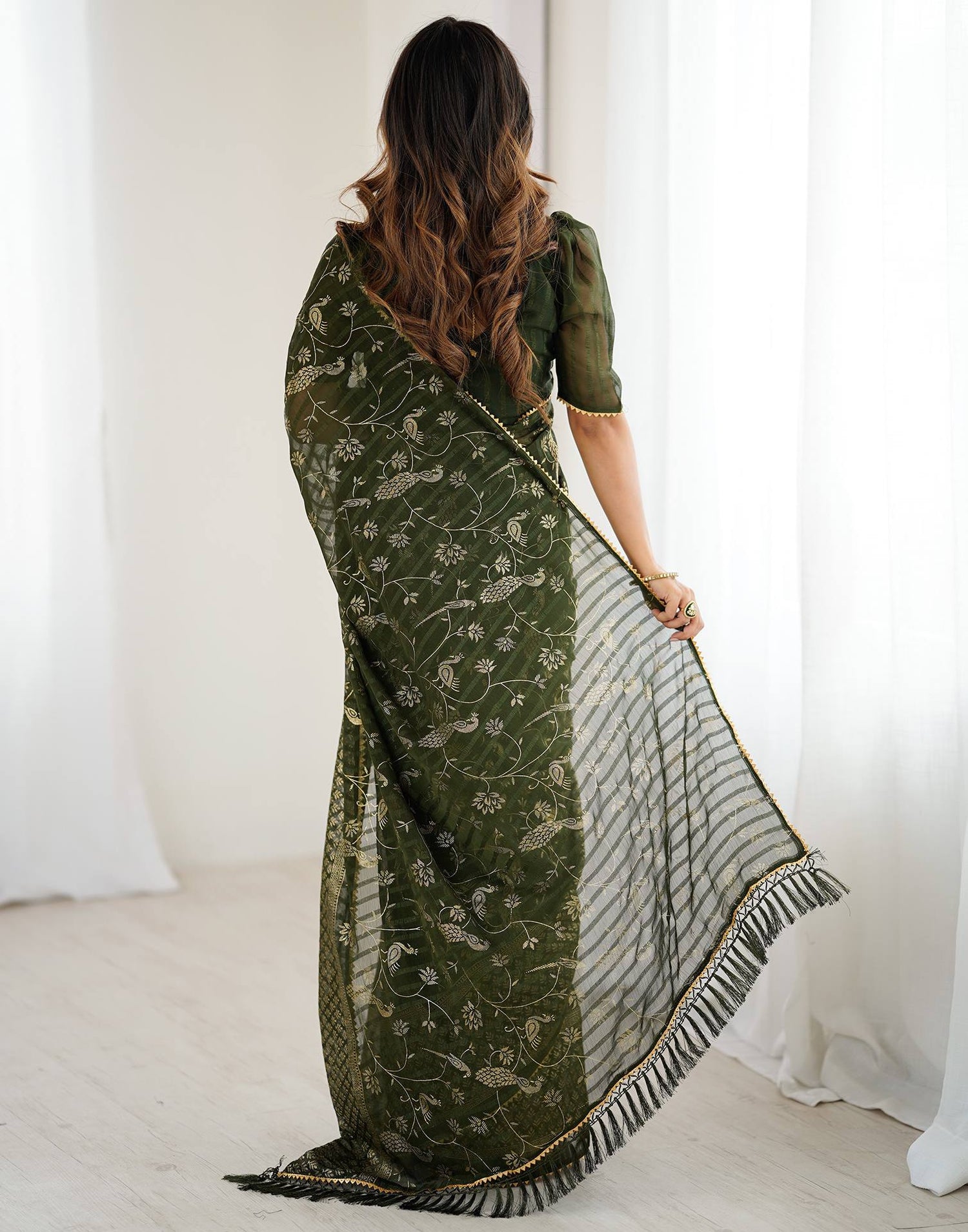 Mehndi Green Georgette Foil Printed Saree