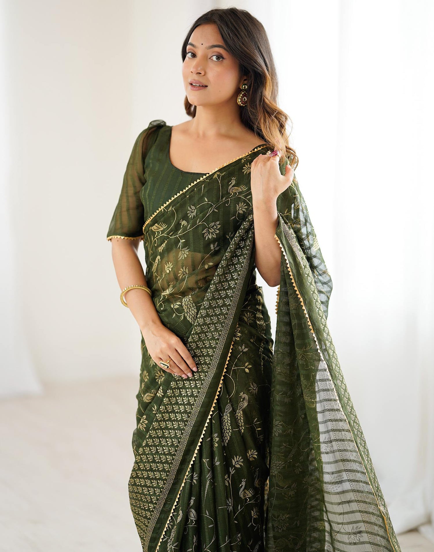 Mehndi Green Georgette Foil Printed Saree