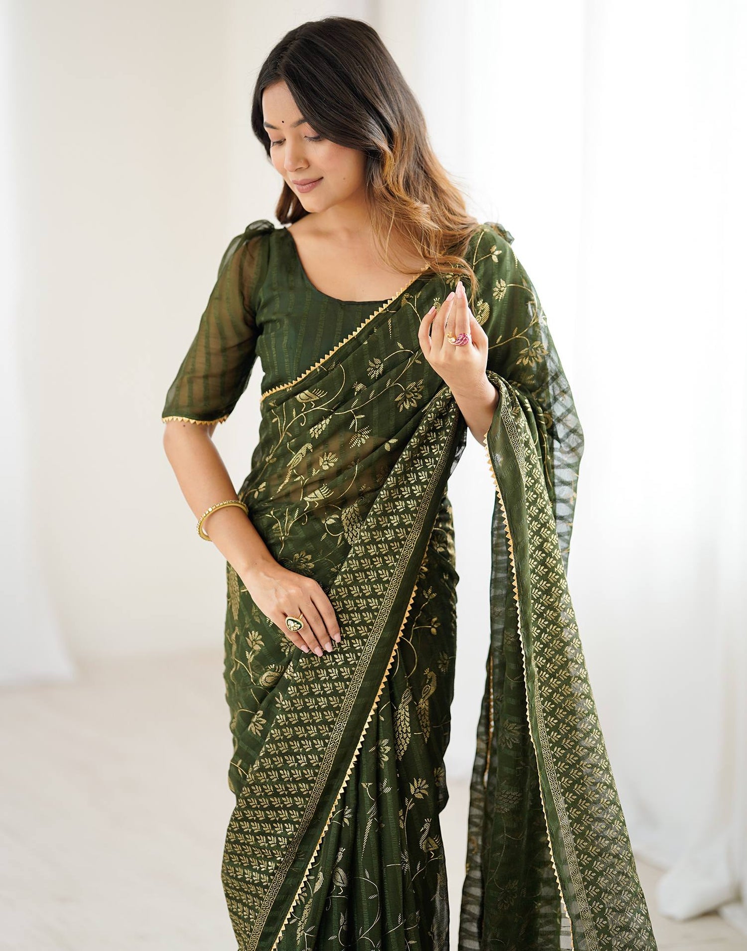 Mehndi Green Georgette Foil Printed Saree