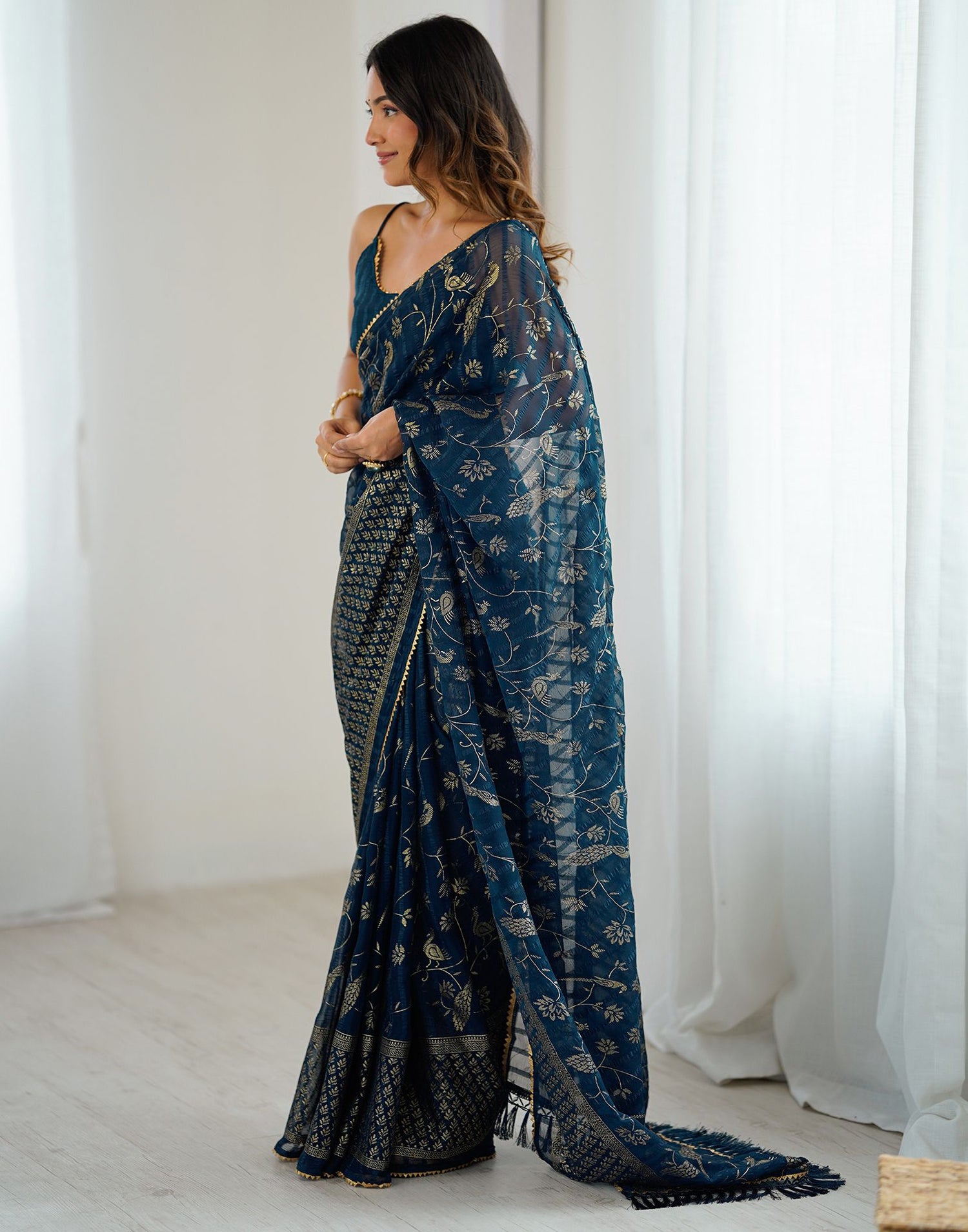Peacock Blue Georgette Foil Printed Saree