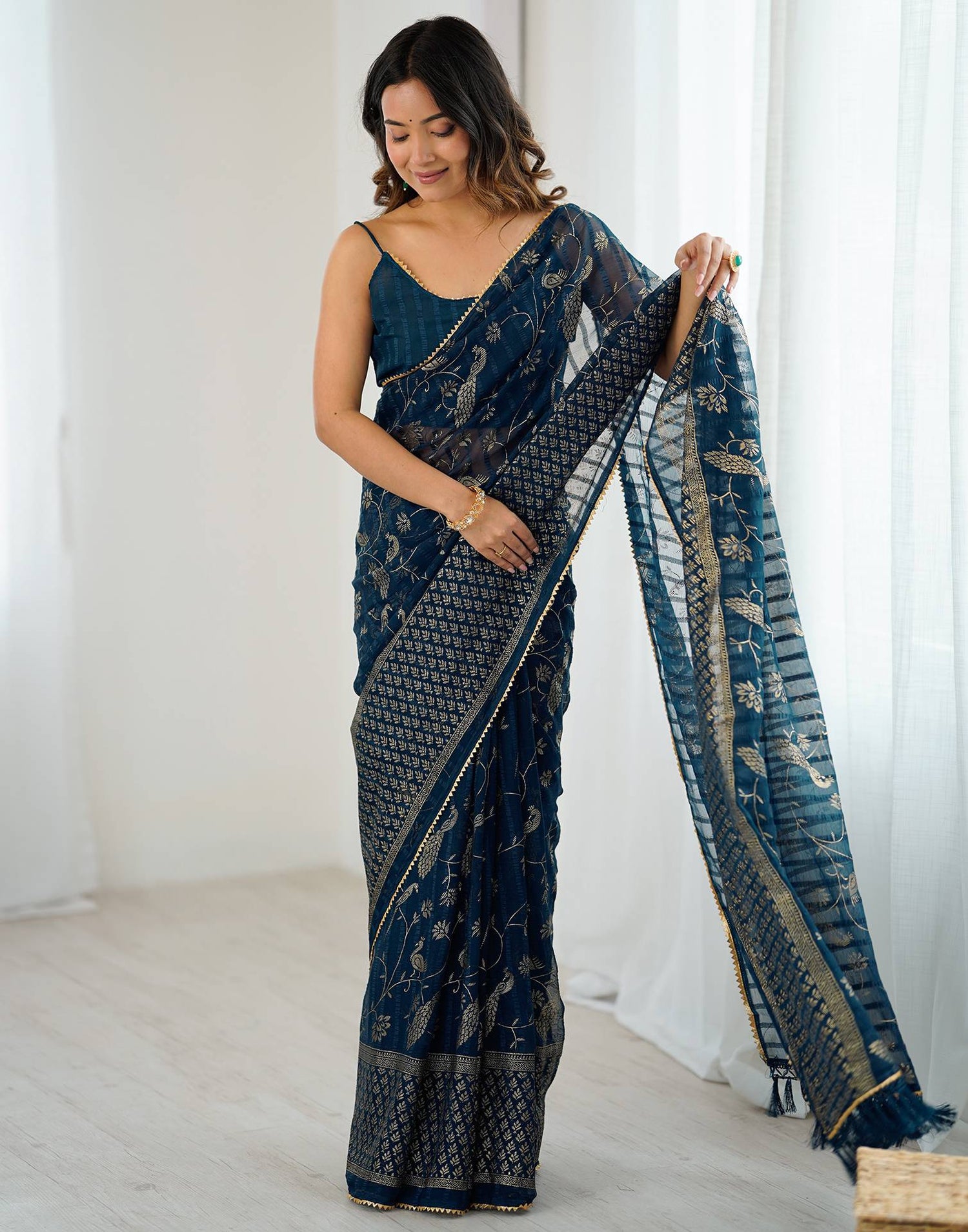 Peacock Blue Georgette Foil Printed Saree