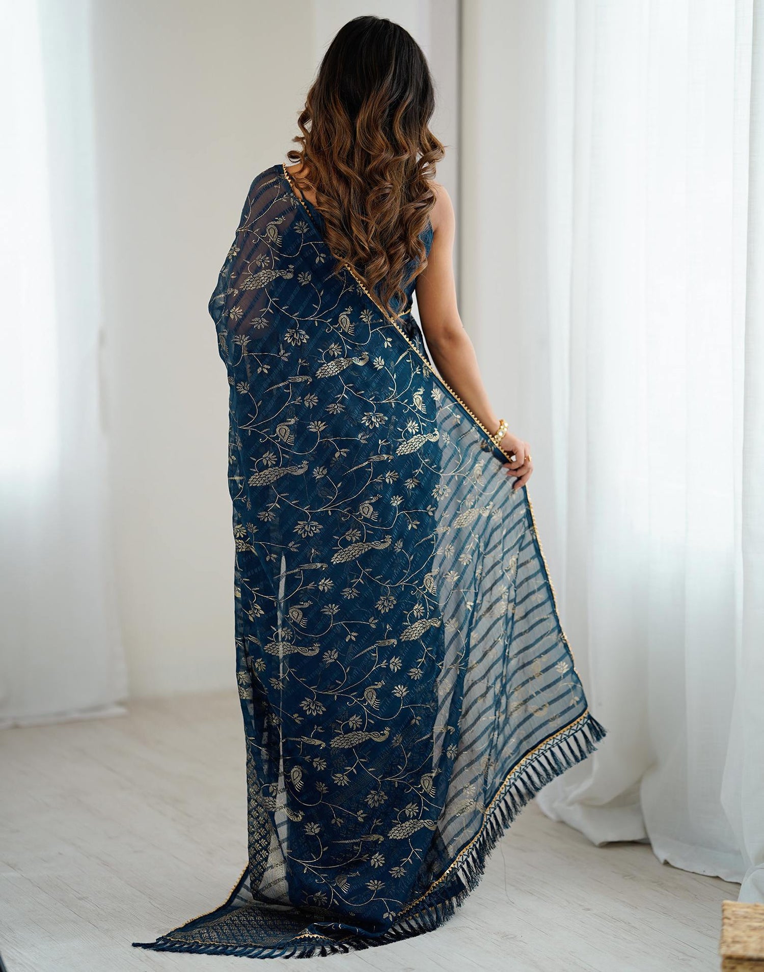 Peacock Blue Georgette Foil Printed Saree
