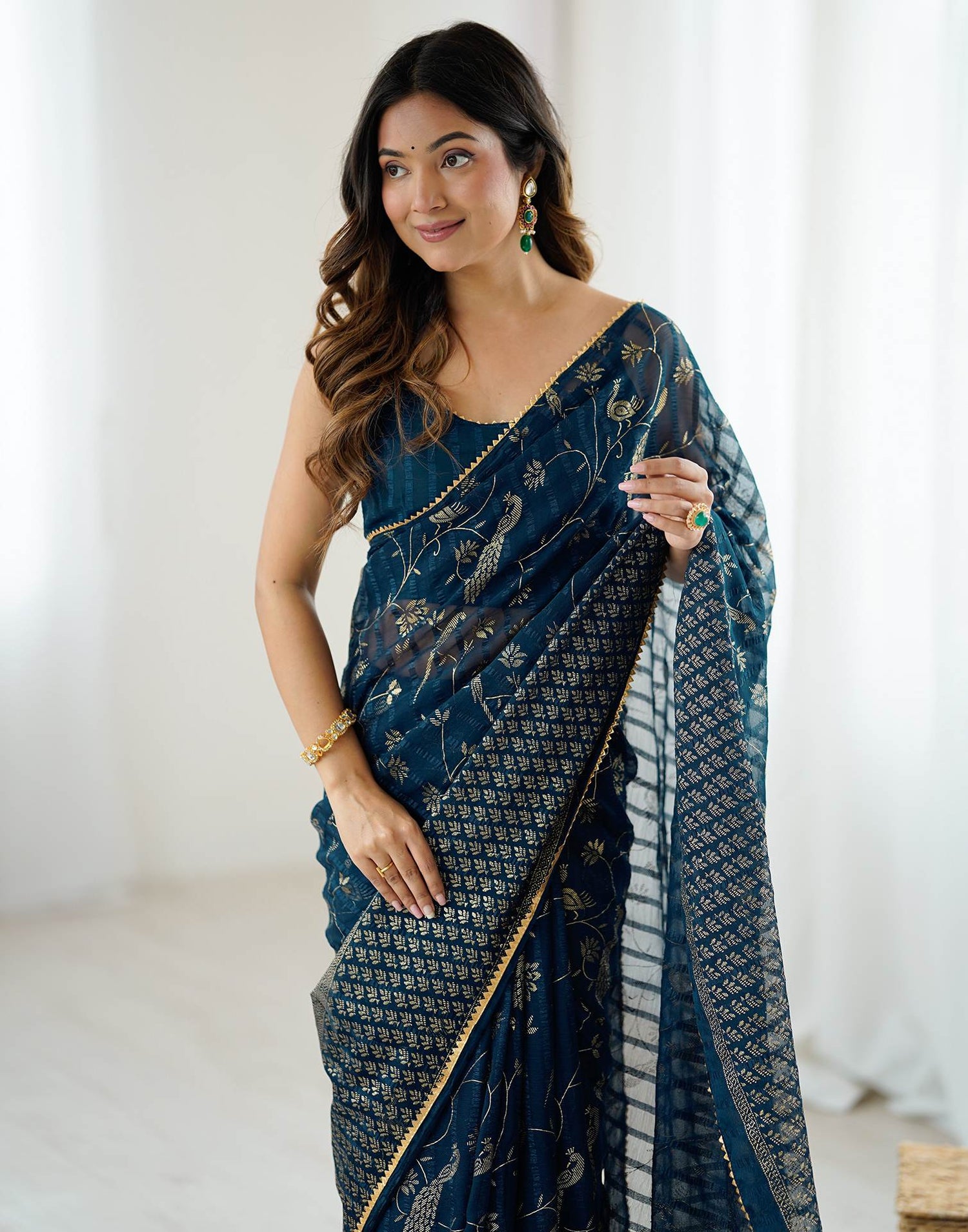 Peacock Blue Georgette Foil Printed Saree