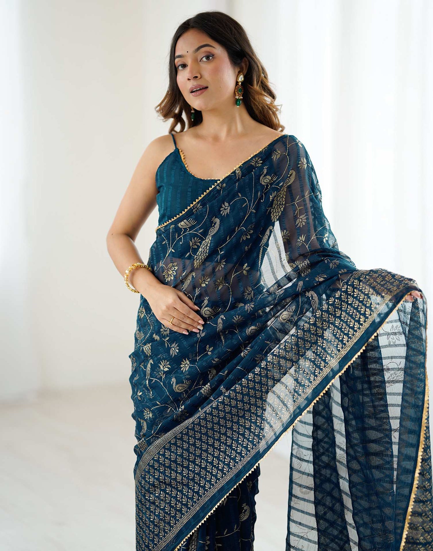 Peacock Blue Georgette Foil Printed Saree