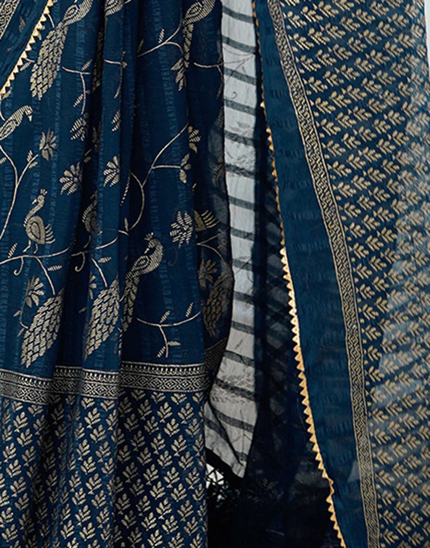 Peacock Blue Georgette Foil Printed Saree