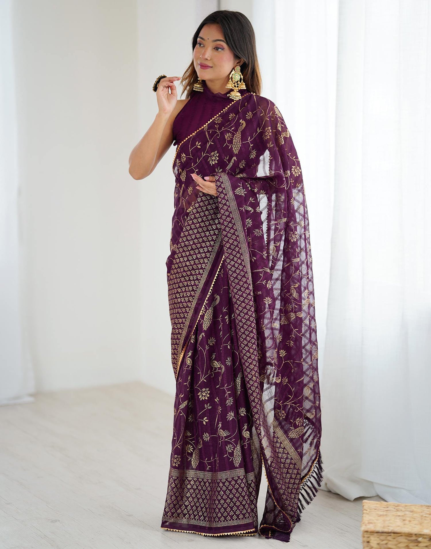 Wine Georgette Foil Printed Saree