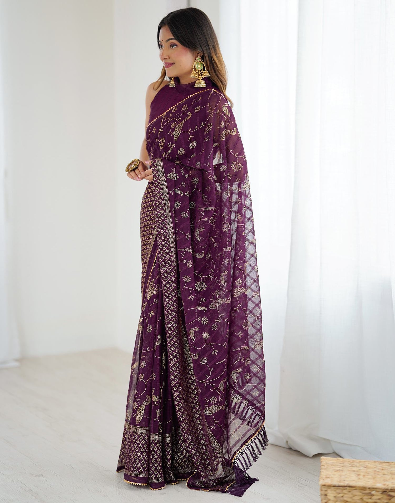 Wine Georgette Foil Printed Saree
