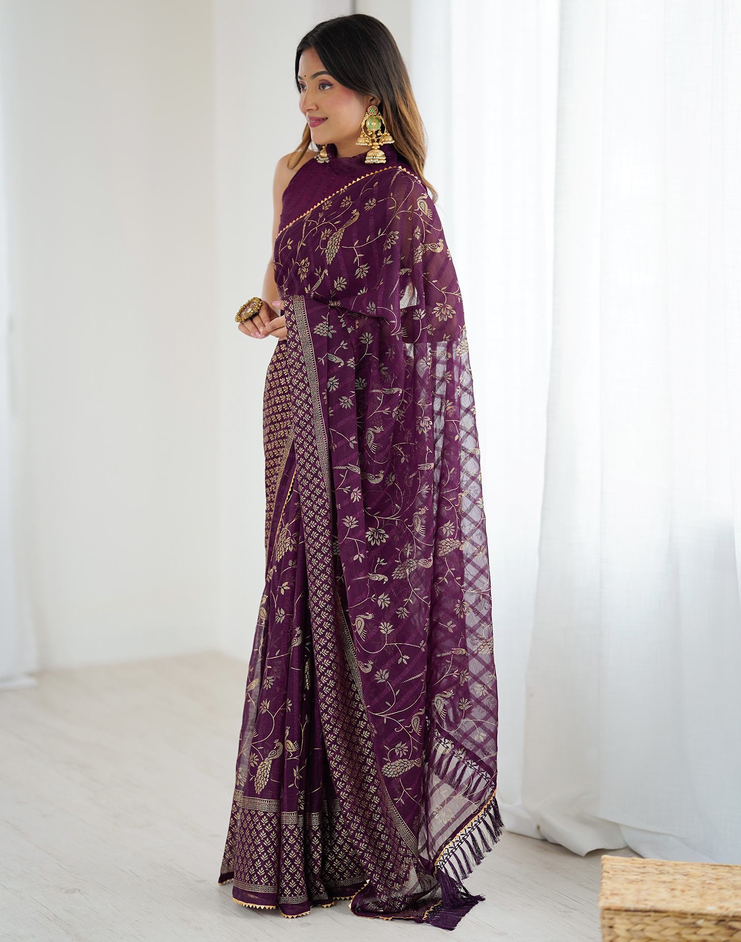 Wine Georgette Foil Printed Saree