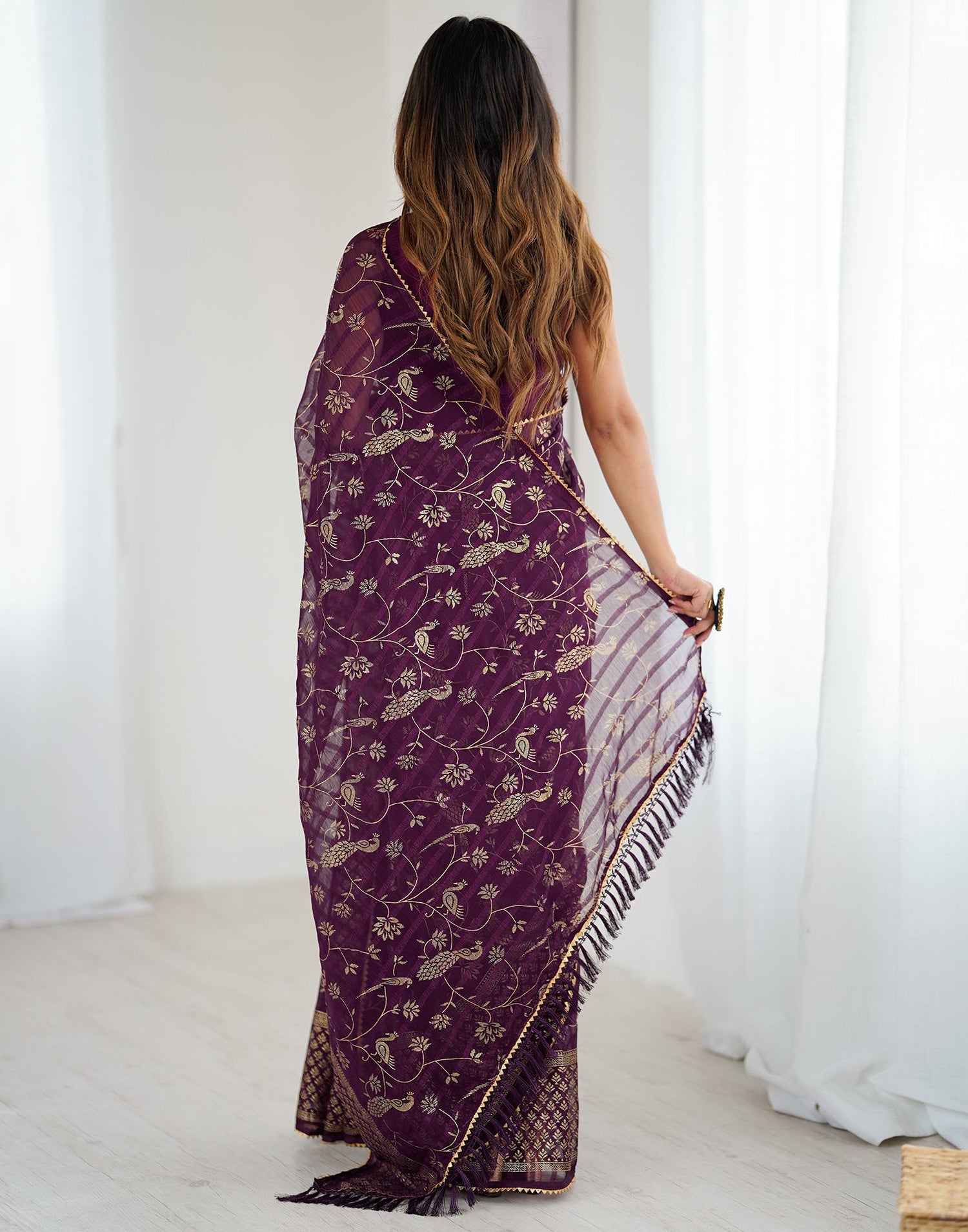 Wine Georgette Foil Printed Saree