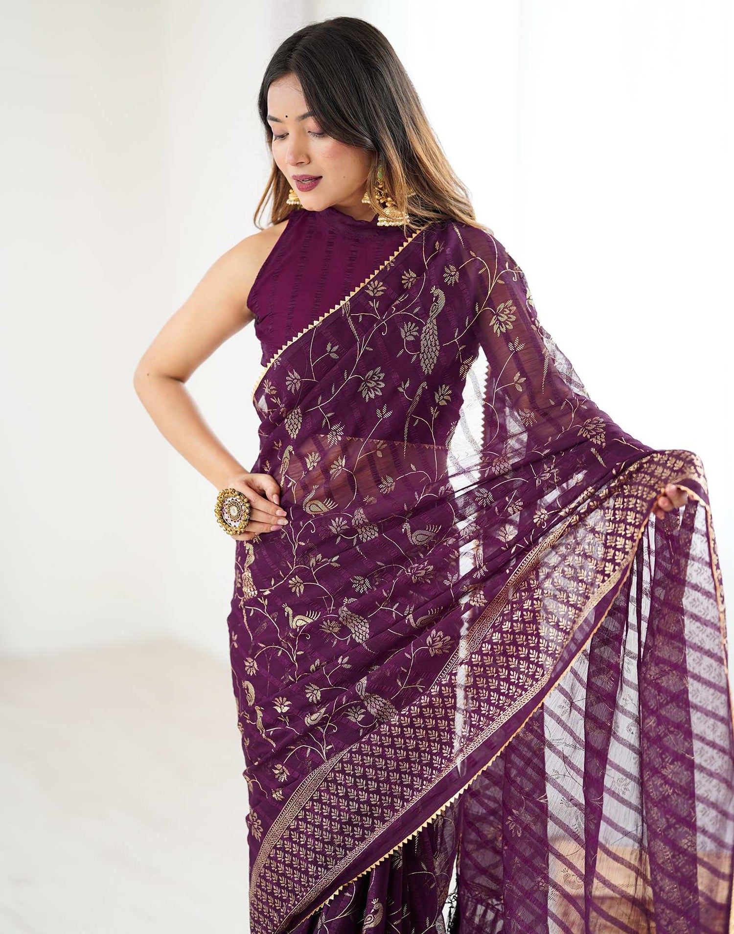Wine Georgette Foil Printed Saree