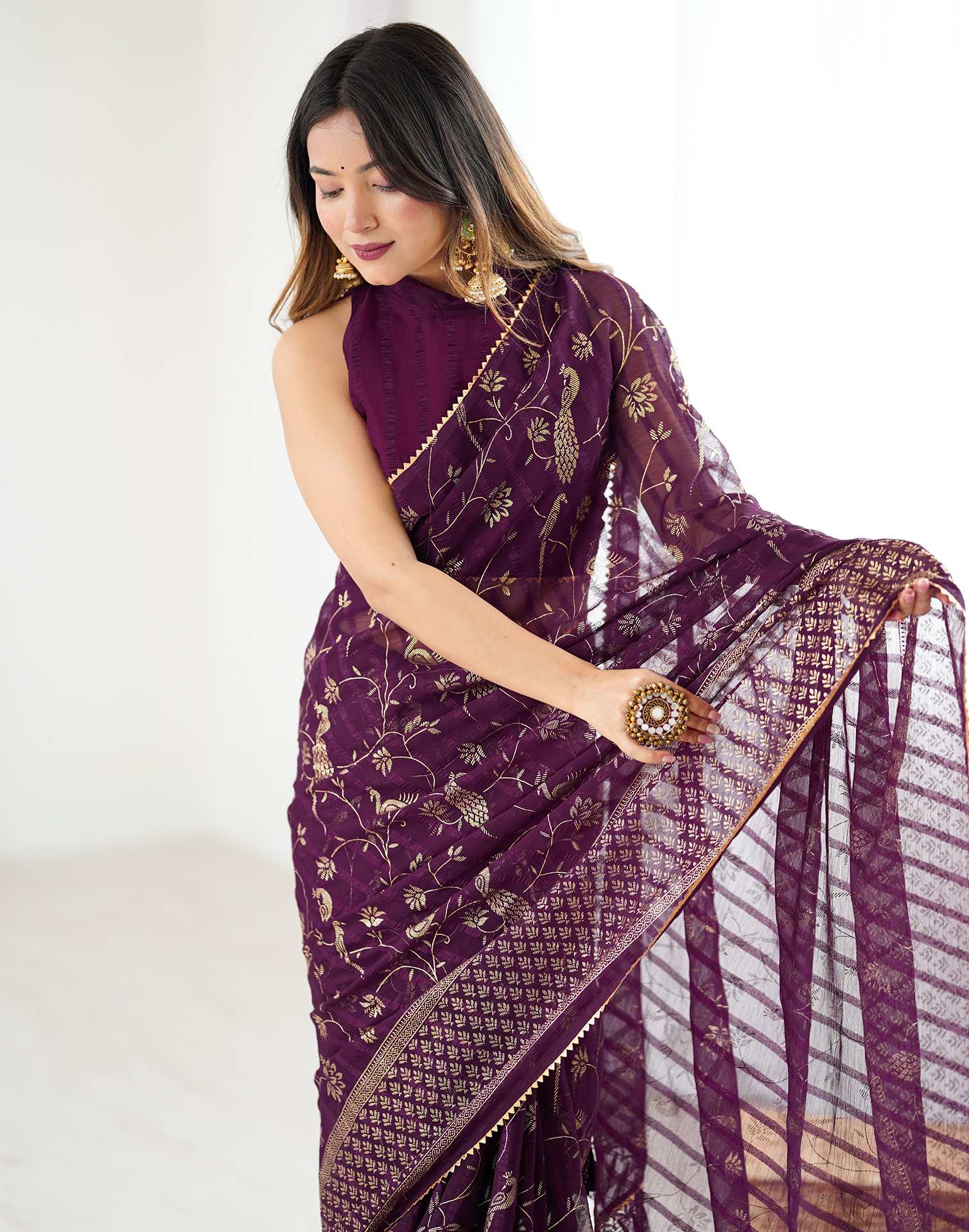 Wine Georgette Foil Printed Saree