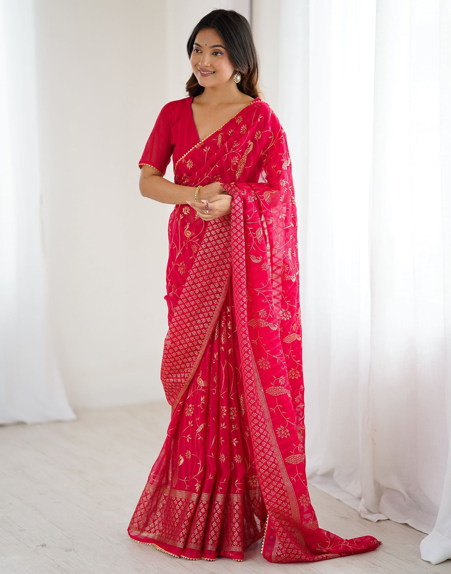 Dark Pink Georgette Foil Printed Saree