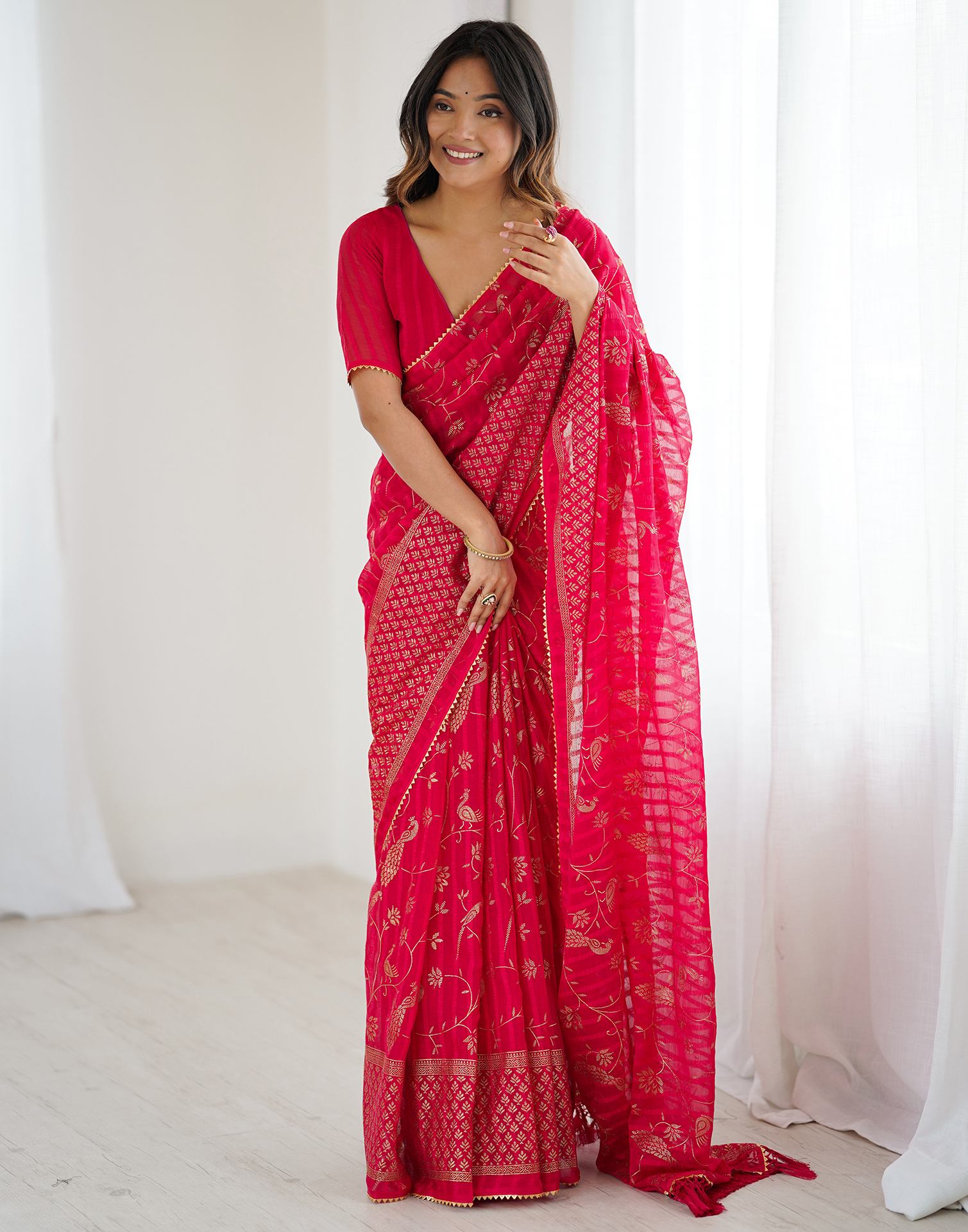 Dark Pink Georgette Foil Printed Saree