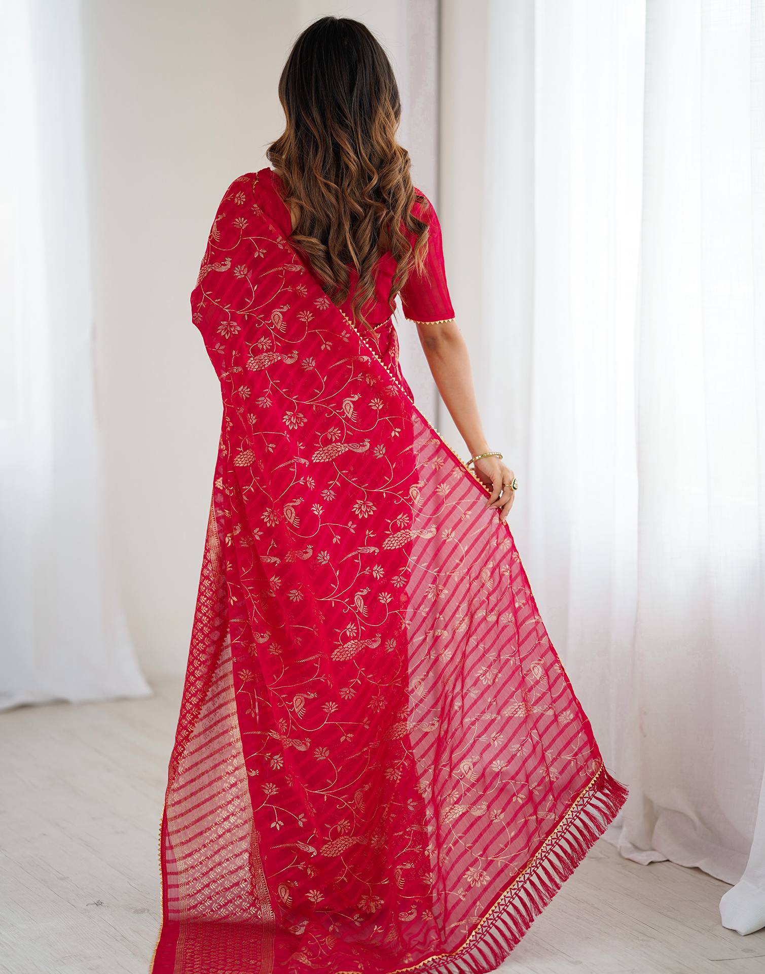 Dark Pink Georgette Foil Printed Saree