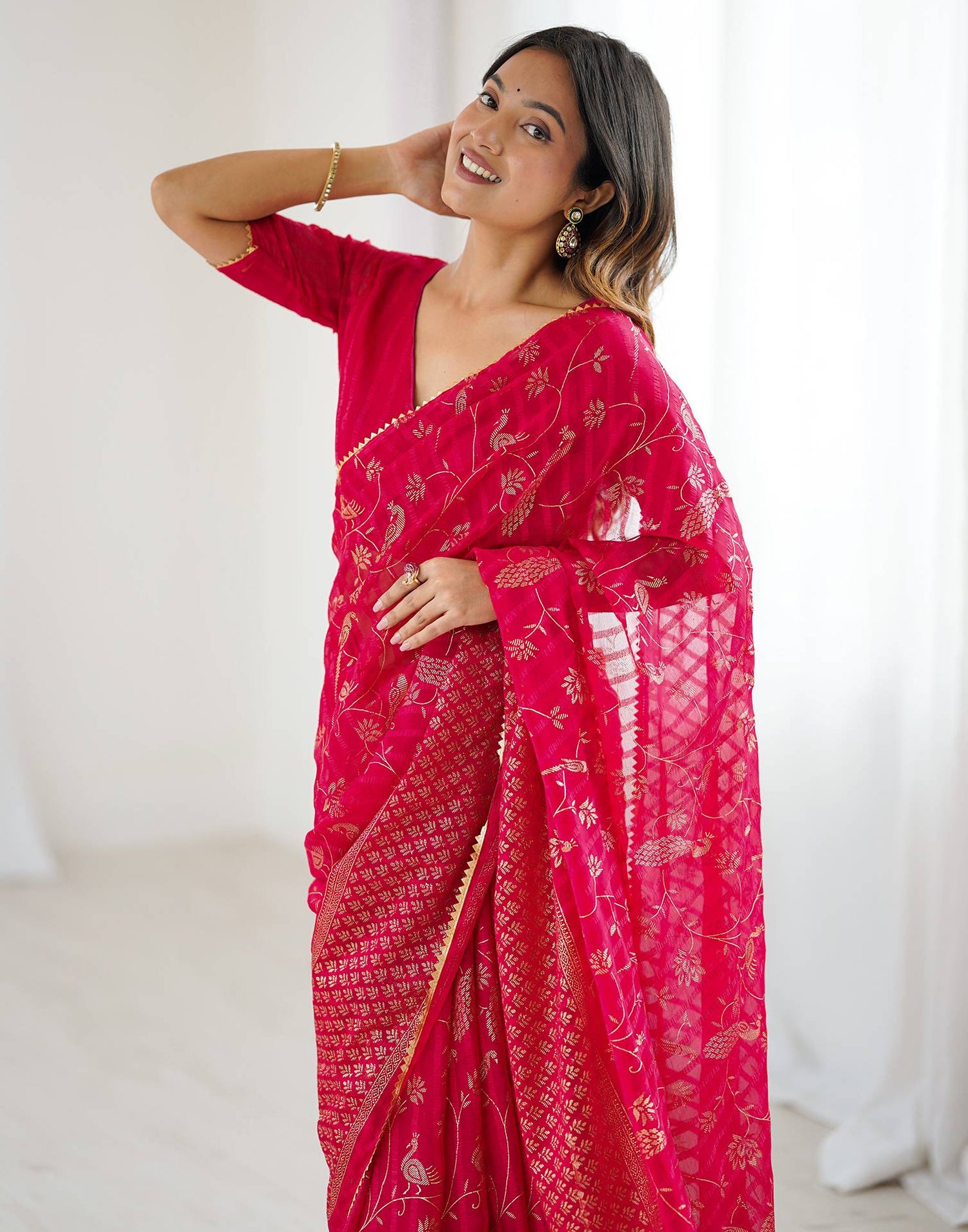 Dark Pink Georgette Foil Printed Saree