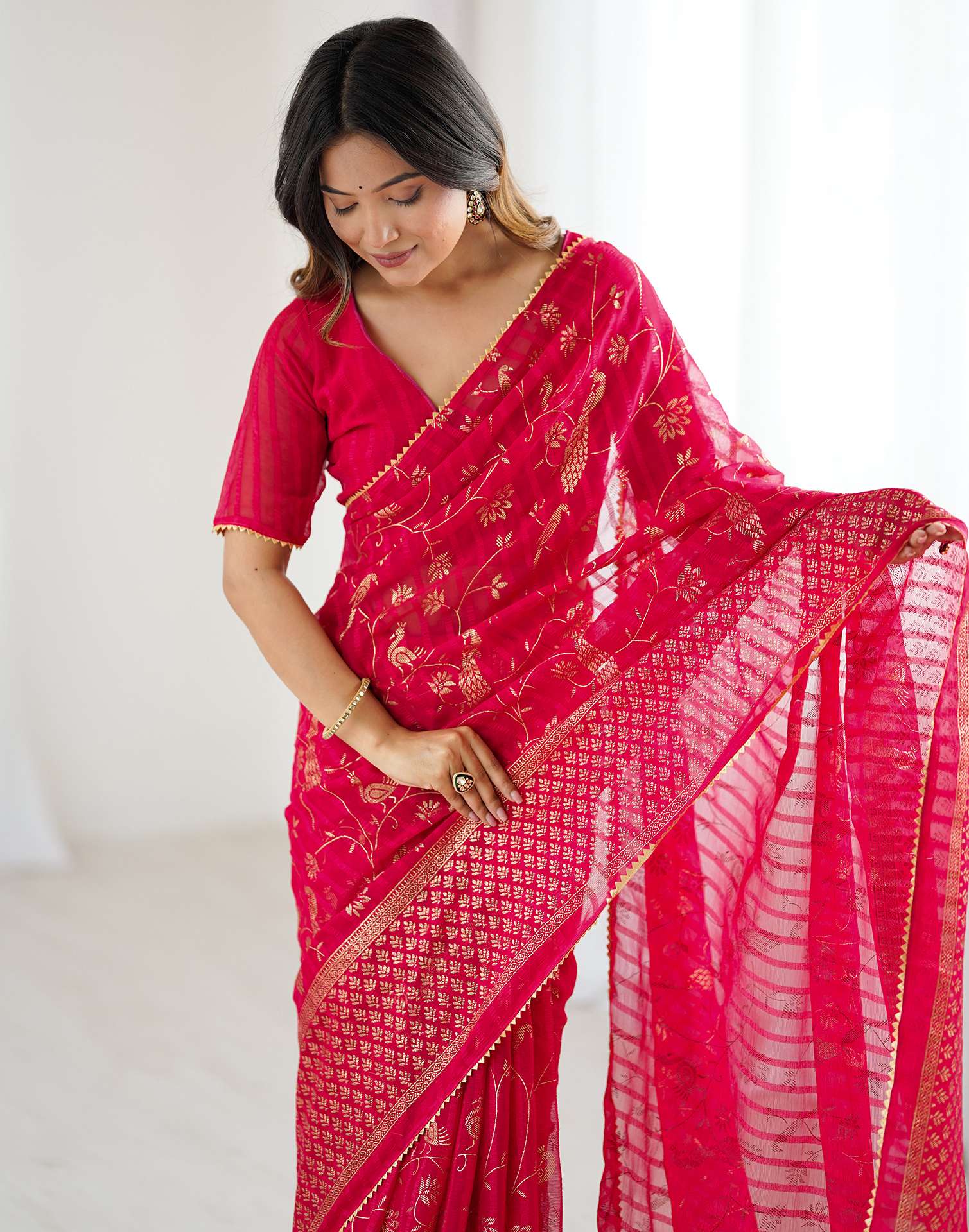 Dark Pink Georgette Foil Printed Saree