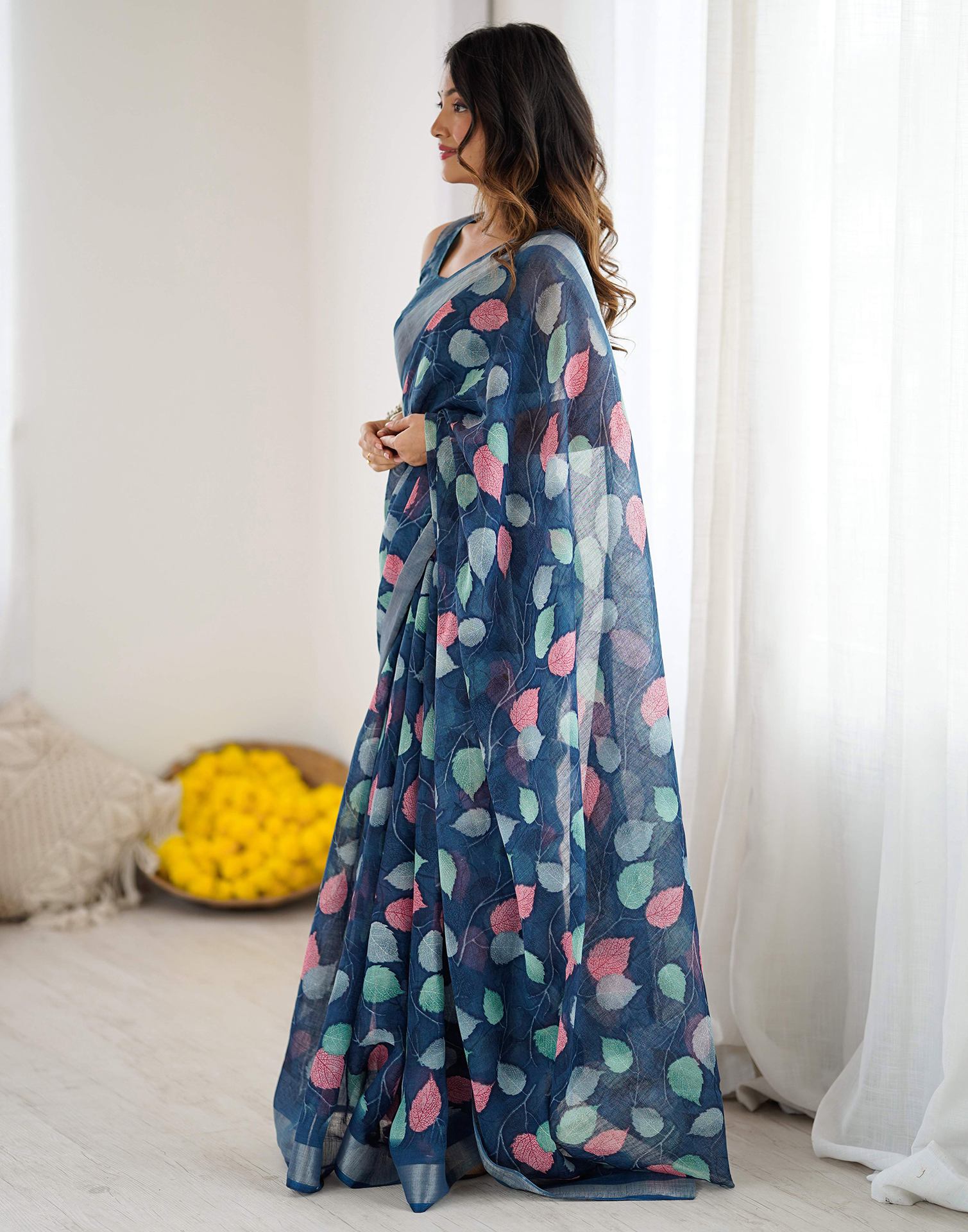Navy Blue Linen Printed Saree