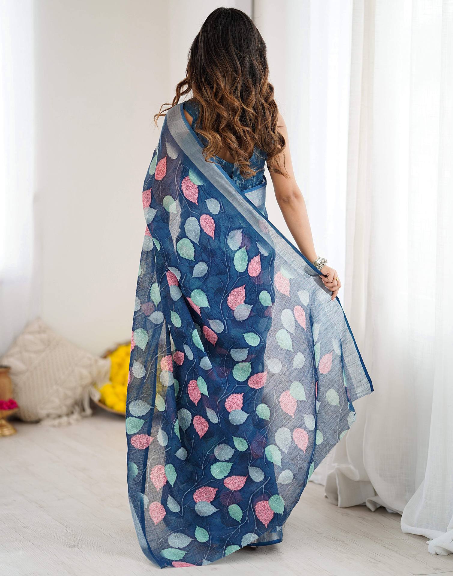 Navy Blue Linen Printed Saree