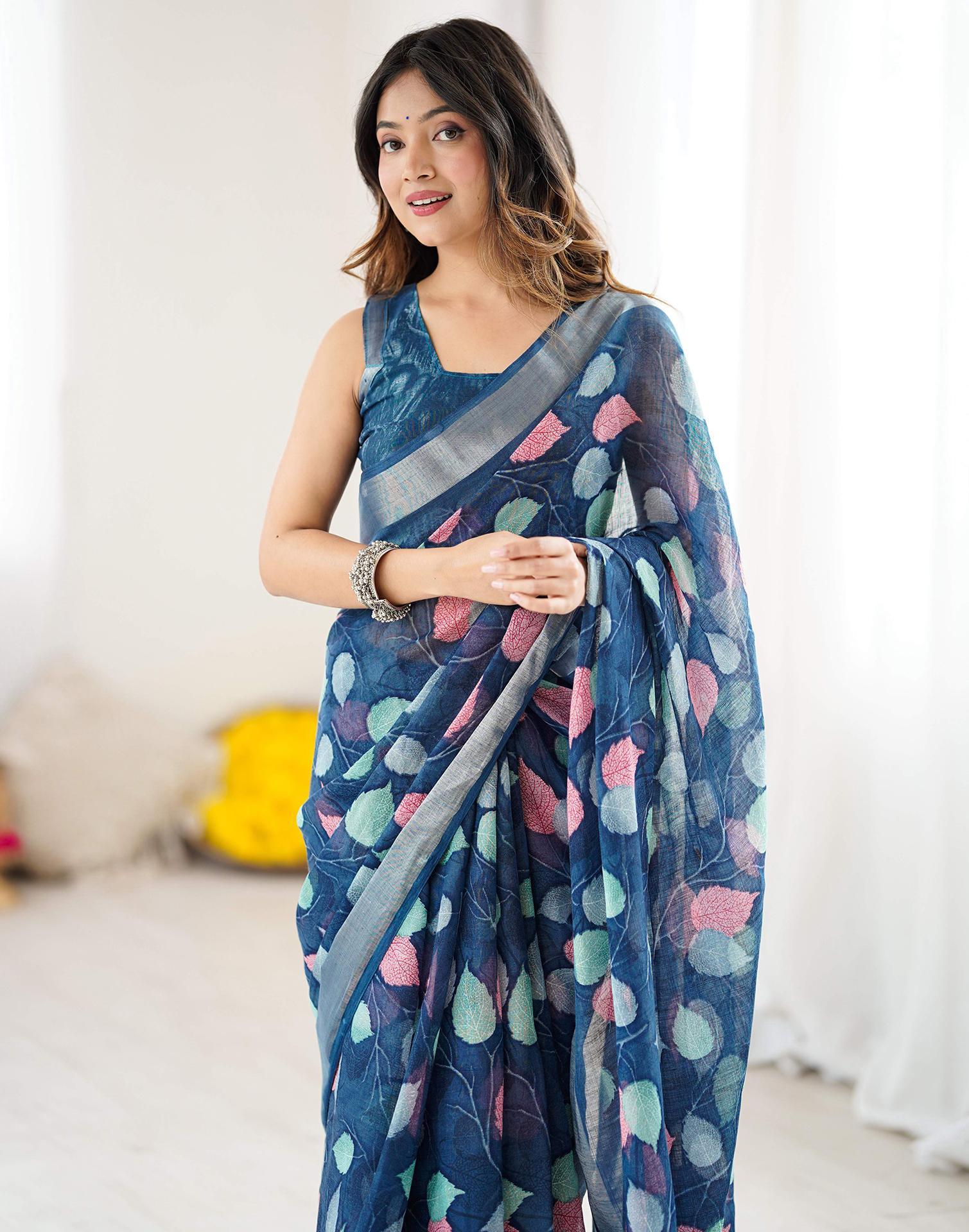 Navy Blue Linen Printed Saree