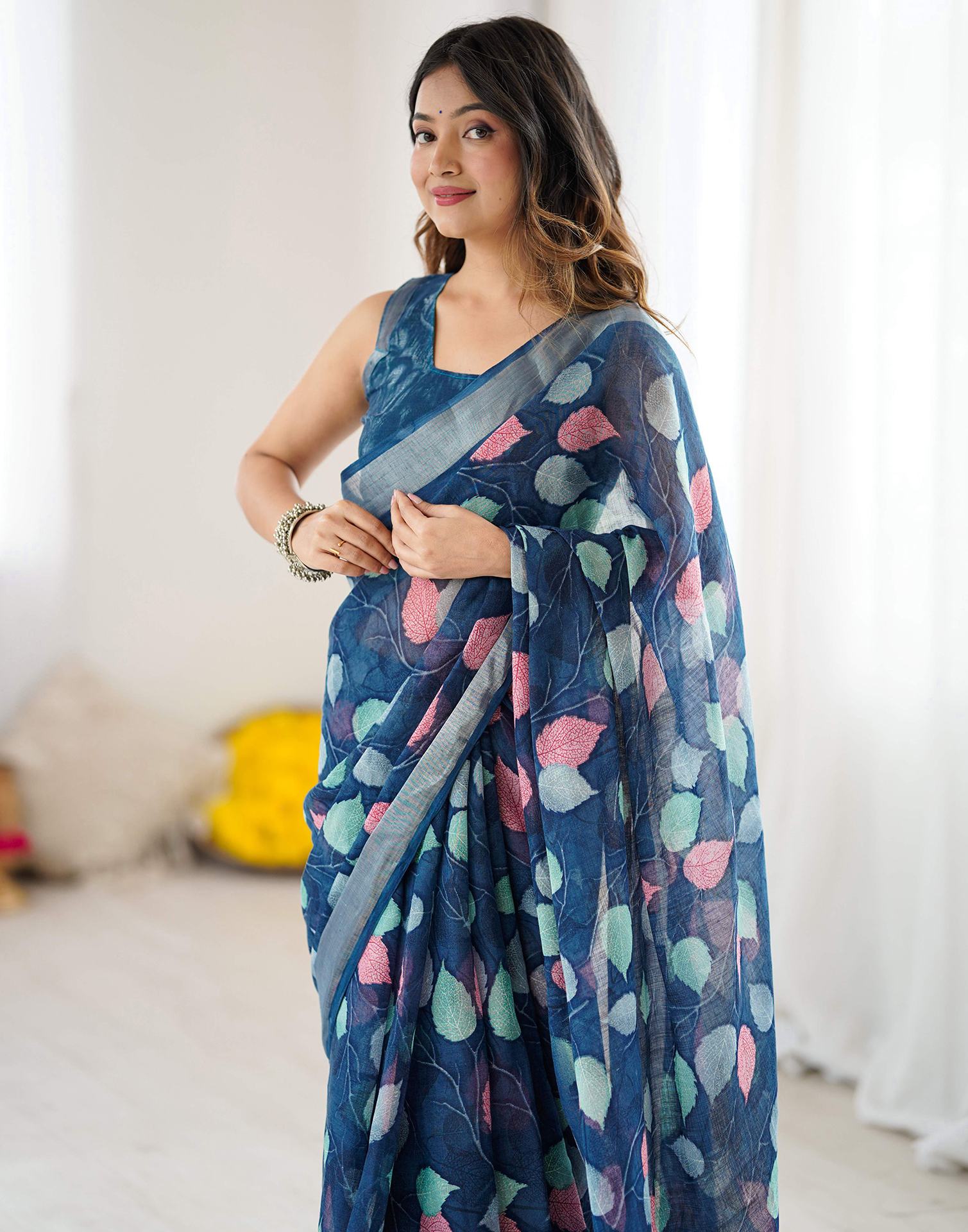 Navy Blue Linen Printed Saree