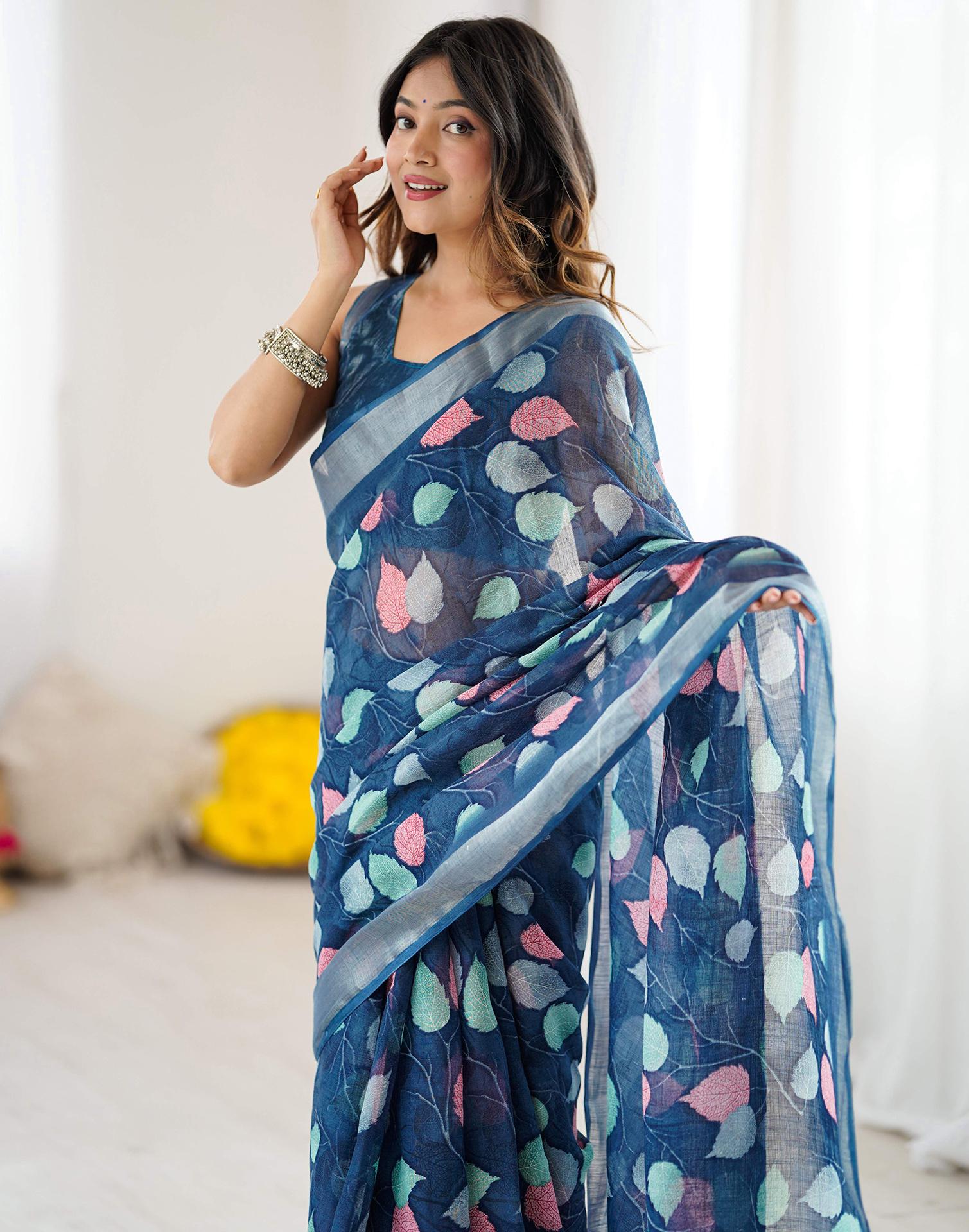 Navy Blue Linen Printed Saree