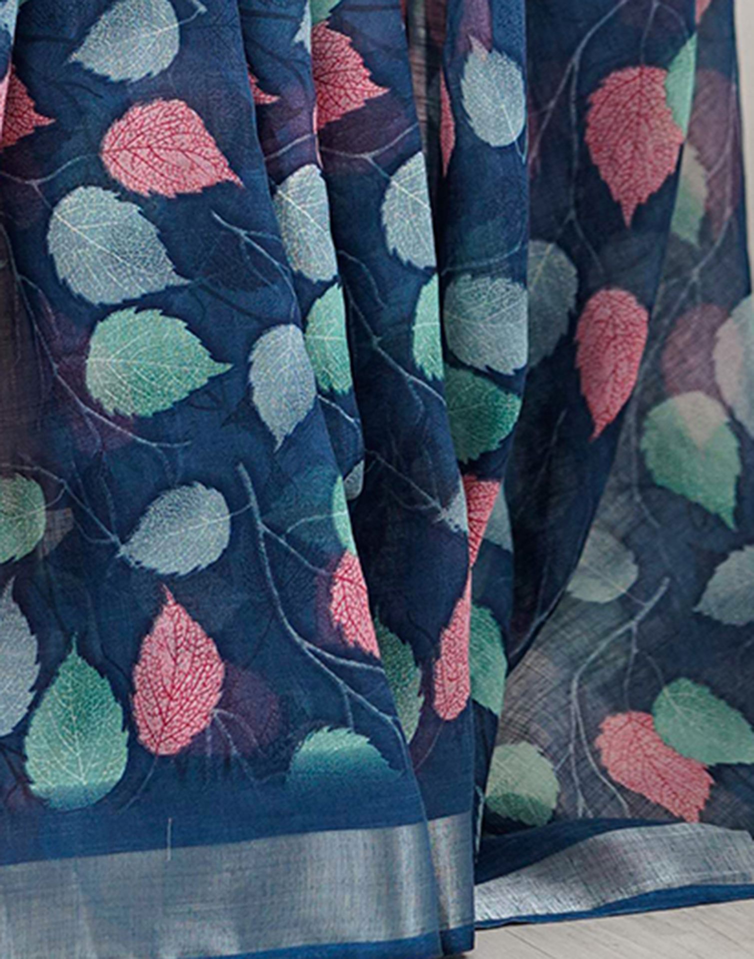 Navy Blue Linen Printed Saree