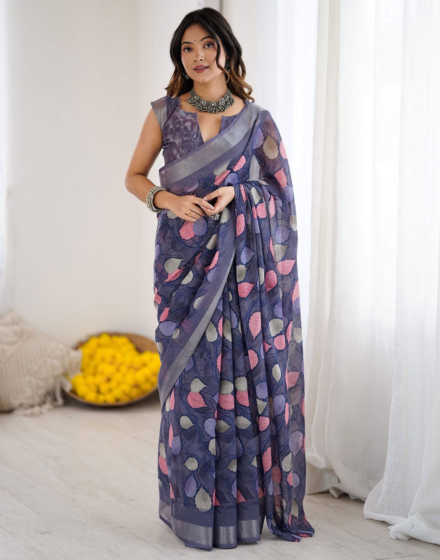 Dark Lavender Linen Printed Saree