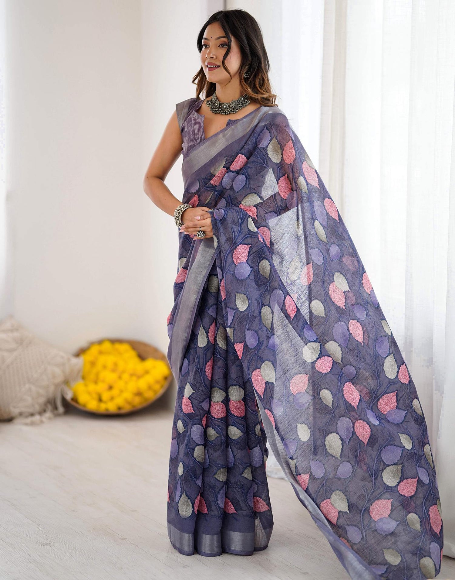 Dark Lavender Linen Printed Saree
