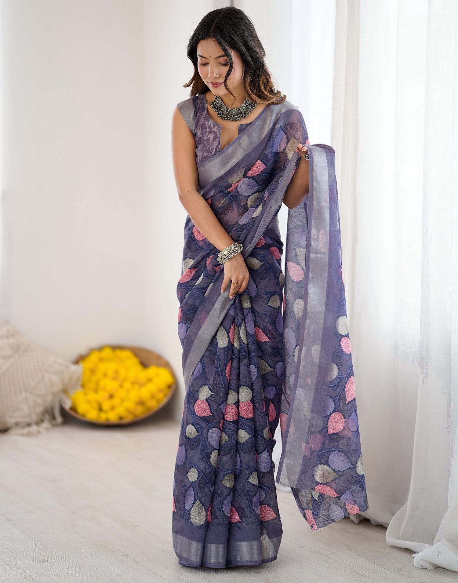 Dark Lavender Linen Printed Saree